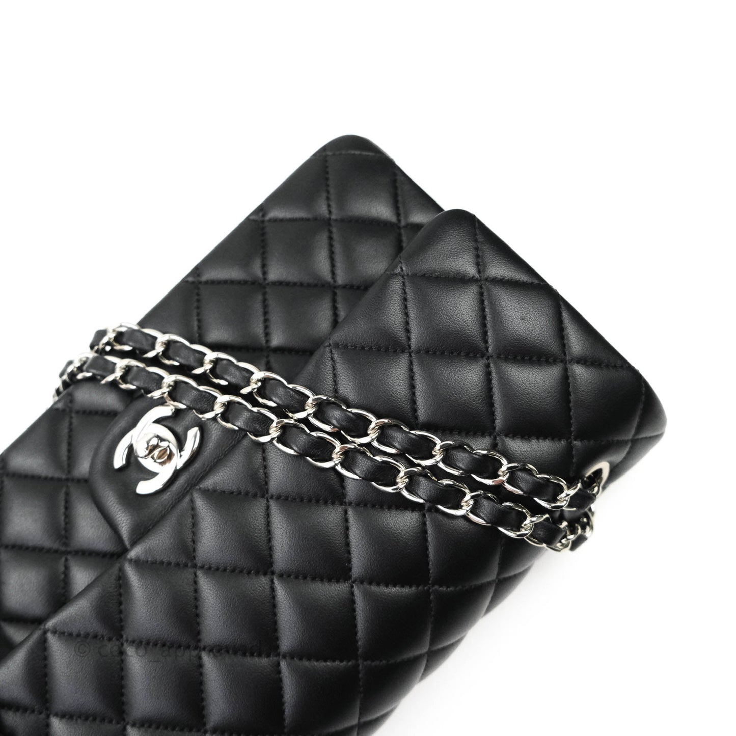 Chanel Classic M/L Medium Double Flap Bag Black Lambskin Silver Hardware