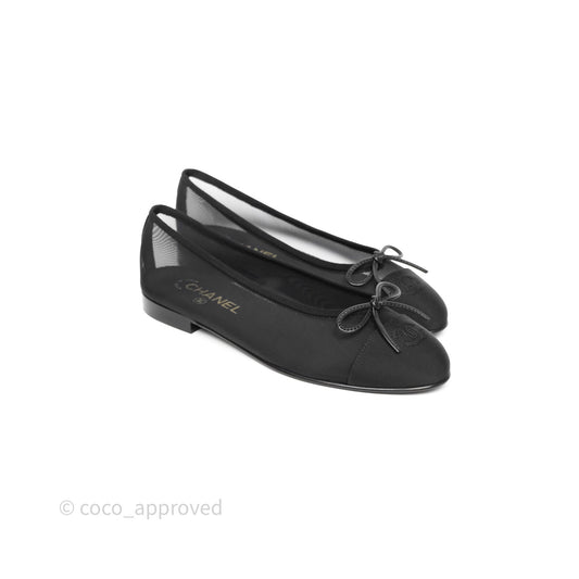 Chanel Ballet Flats Black Mesh Grosgrain 26P Size 38.5