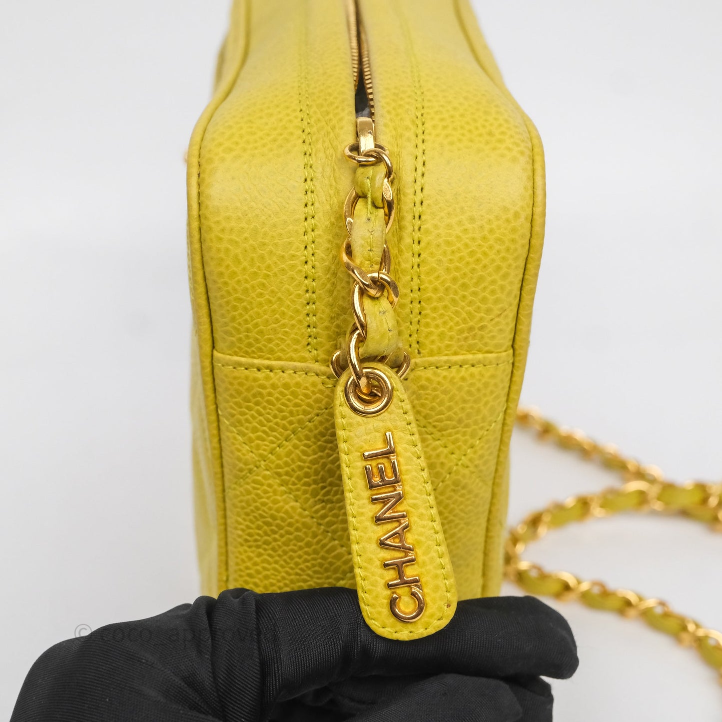 Chanel Vintage Quilted Camera Bag Green Yellow Caviar Gold Hardware