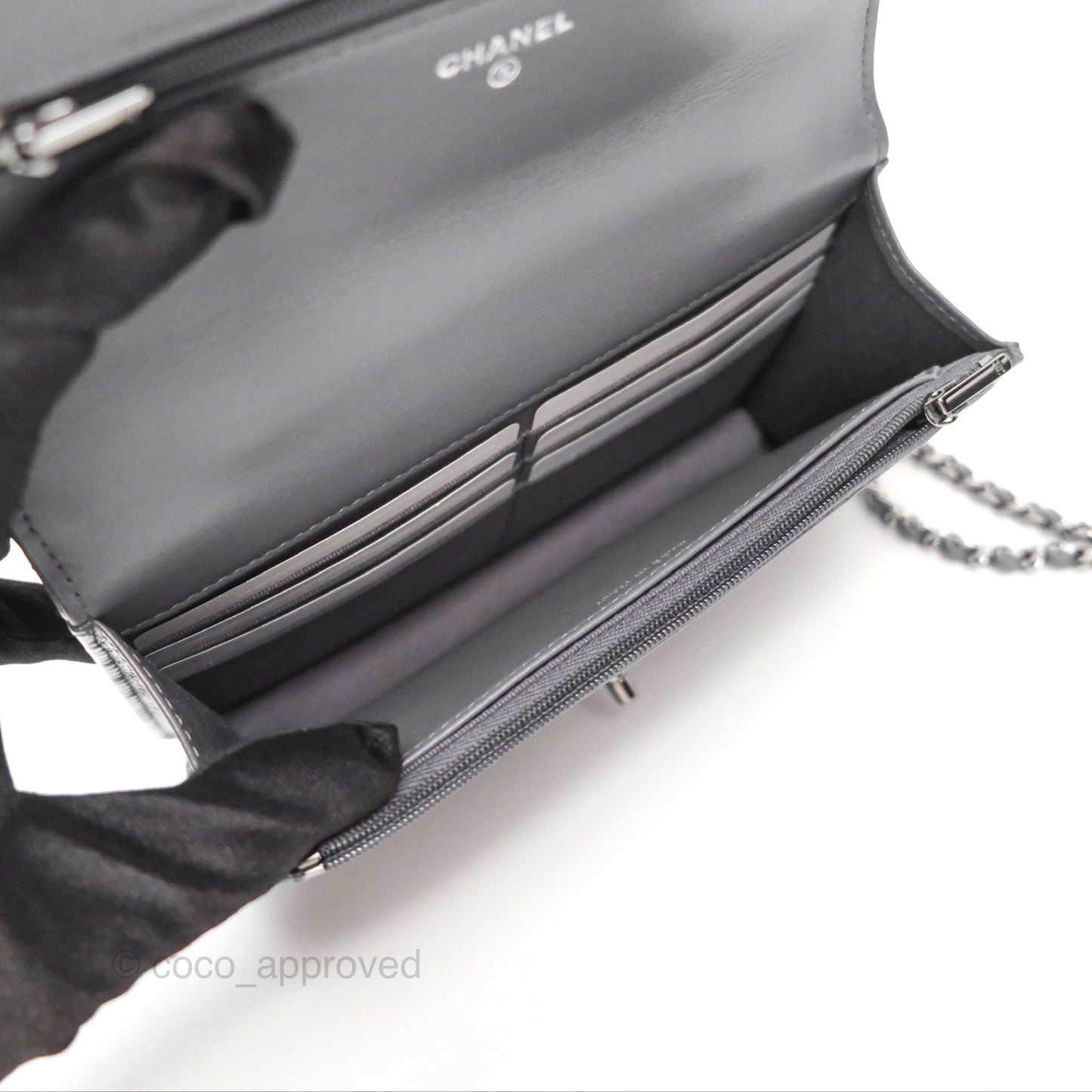 Chanel Top Handle Wallet On Chain WOC Dark Grey Calfskin Gun Metal 23K