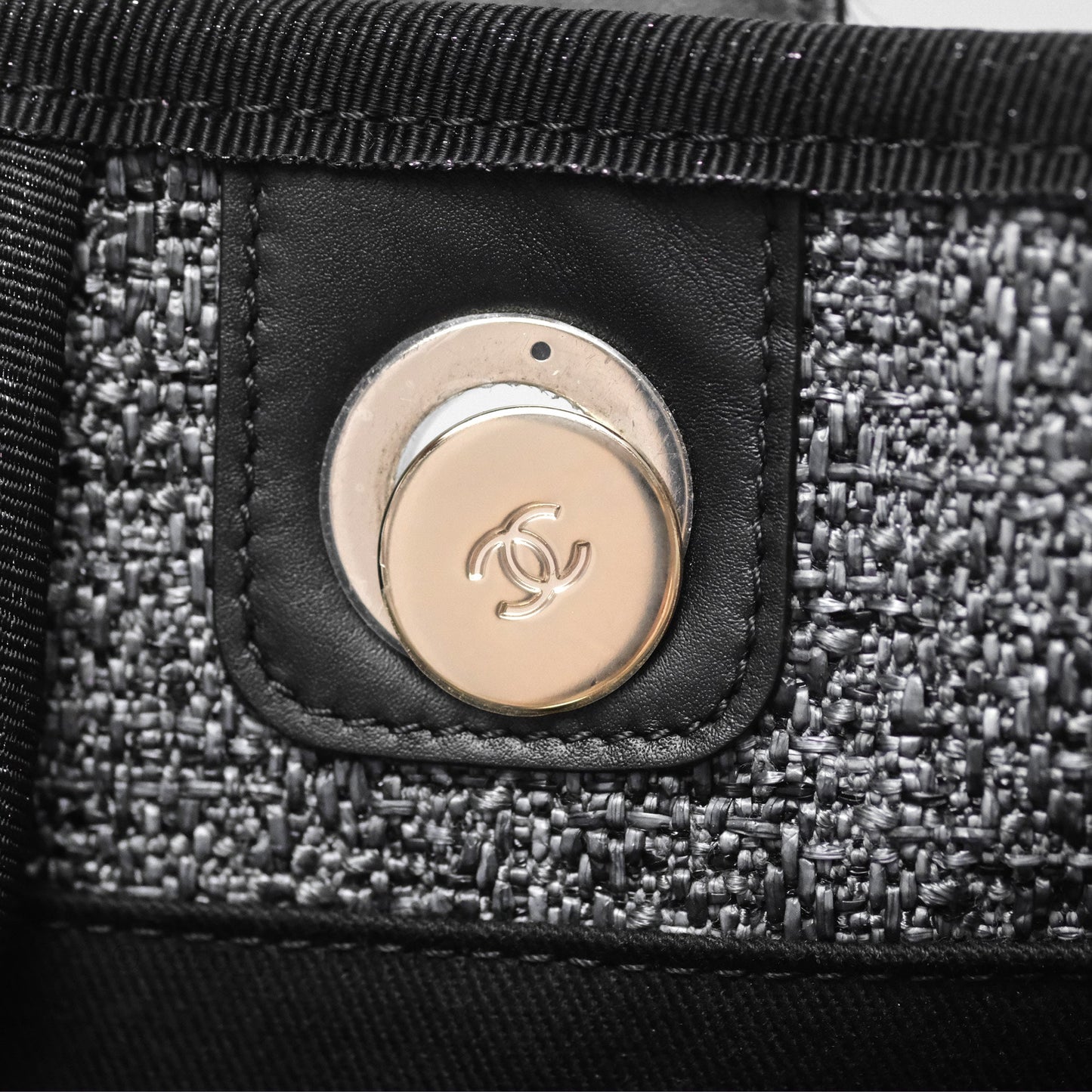 Chanel Large Deauville Glitter Black Grey Raffia Gold Hardware