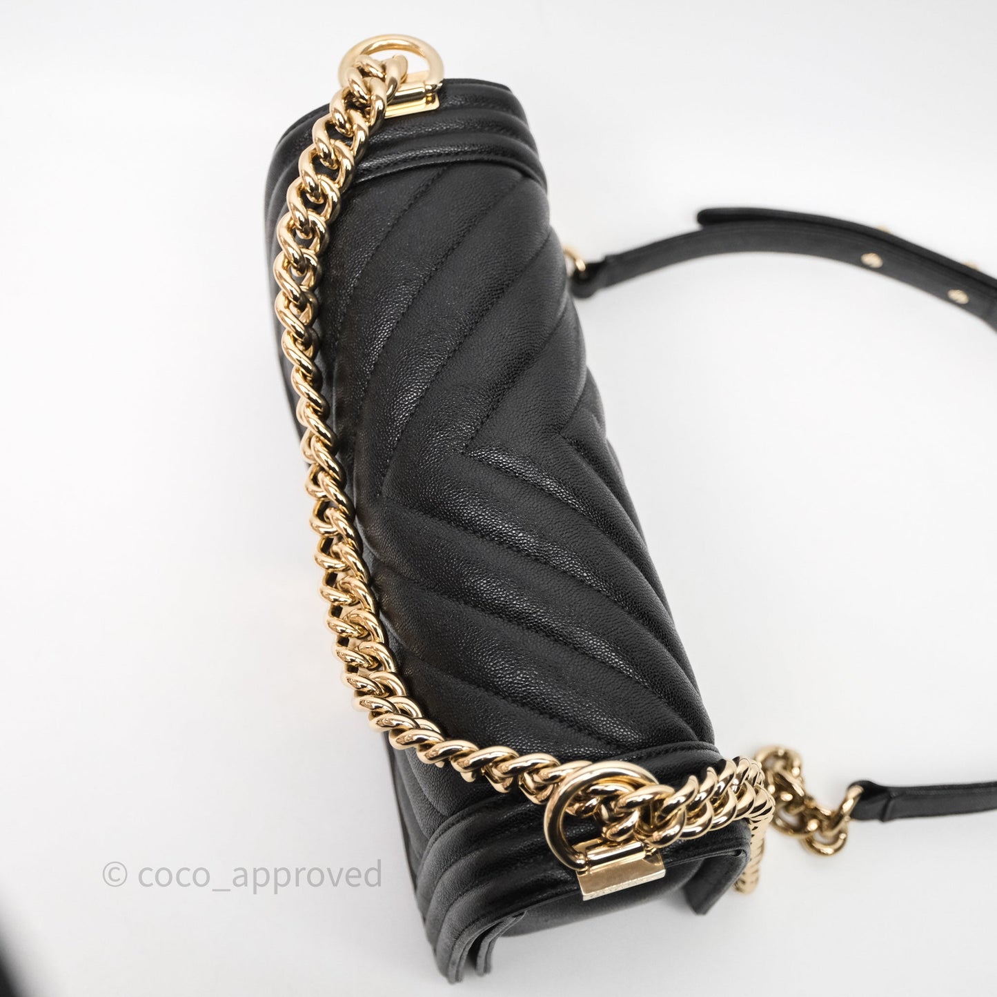Chanel Medium Boy Chevron Black Caviar Light Gold Hardware