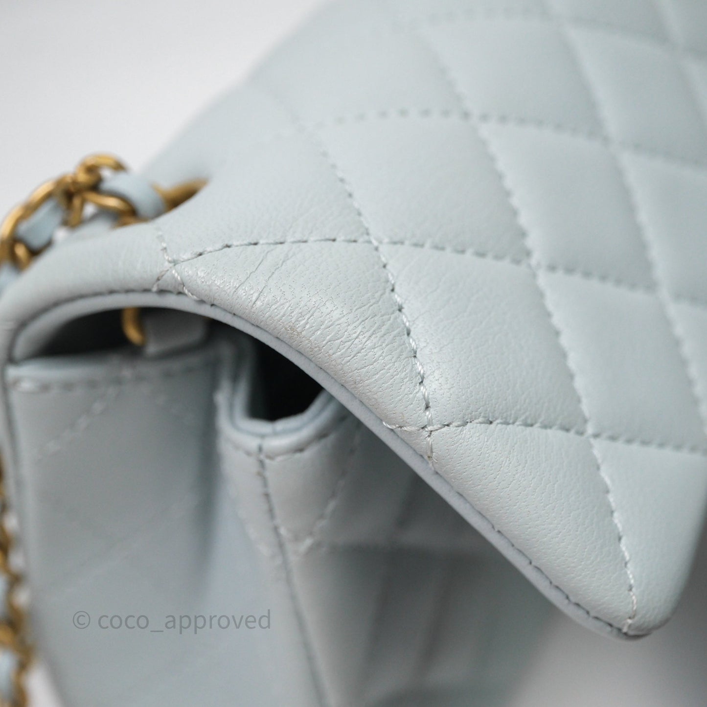 Chanel Pearl Crush Mini Rectangular Light Blue Lambskin Aged Gold Hardware
