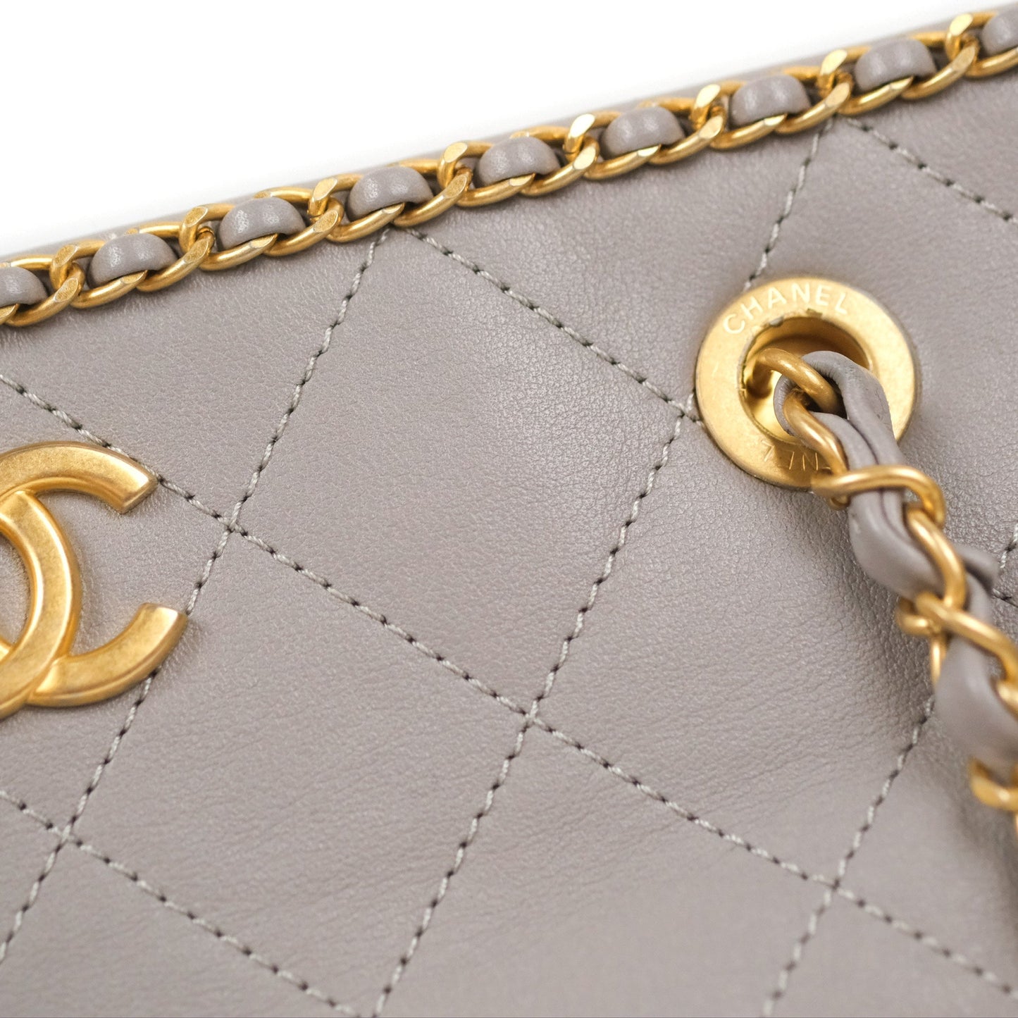 Chanel Small Chain Around Shopping Tote Grey Calfskin Aged Gold Hardware