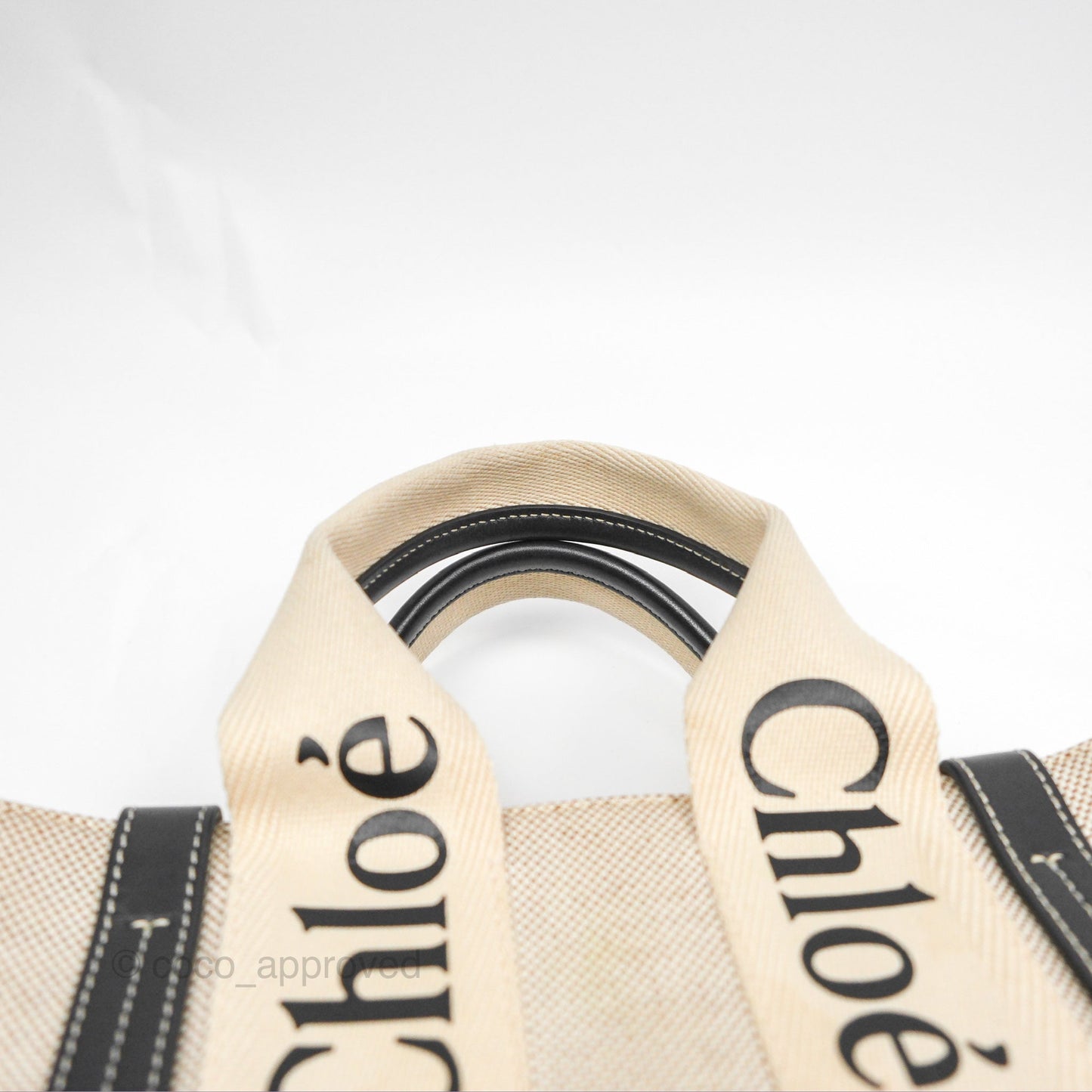 Chloe Small Woody Tote Bag Cotton Canvas & Black Calfskin with Woody Ribbon