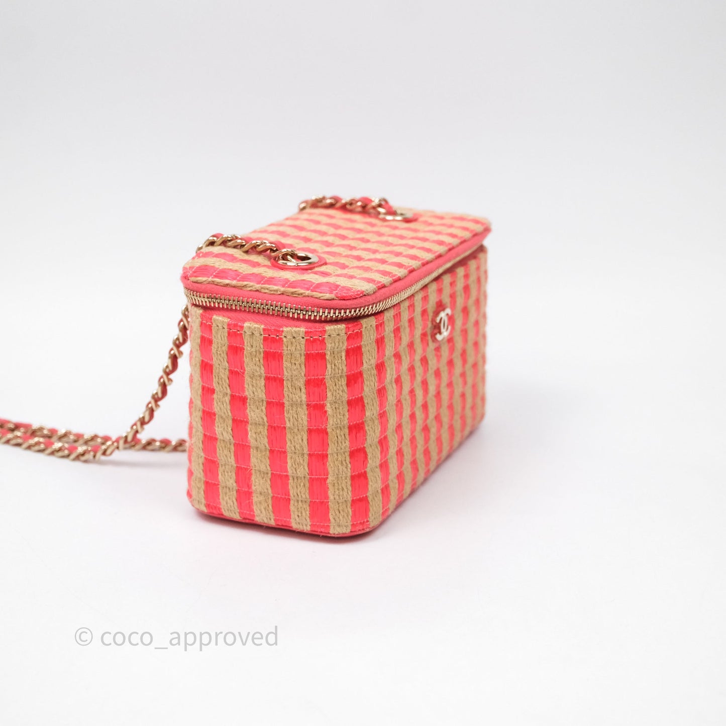 Chanel Vanity With Chain Striped Raffia Orange Gold Hardware