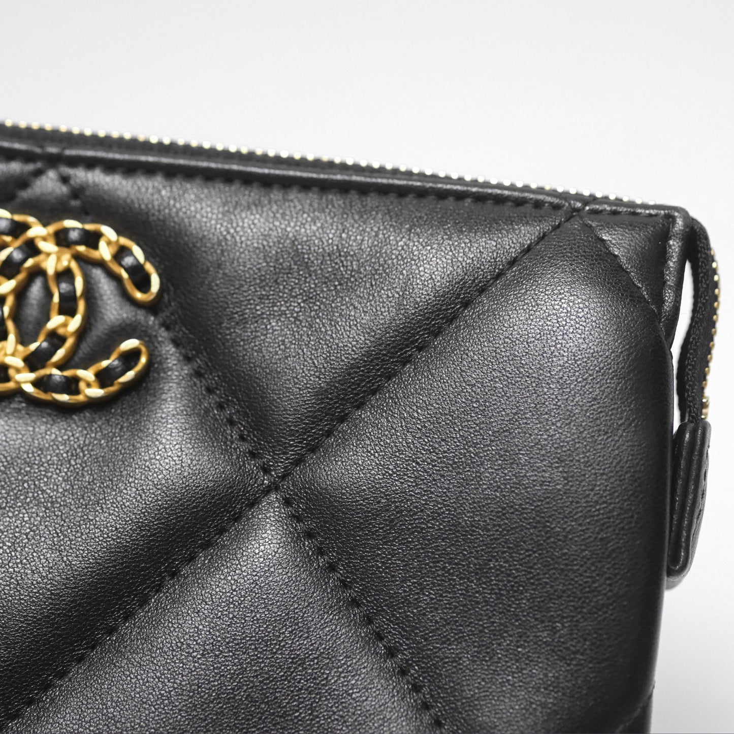 Chanel 19 Pouch Black Shiny Goatskin Mixed Hardware