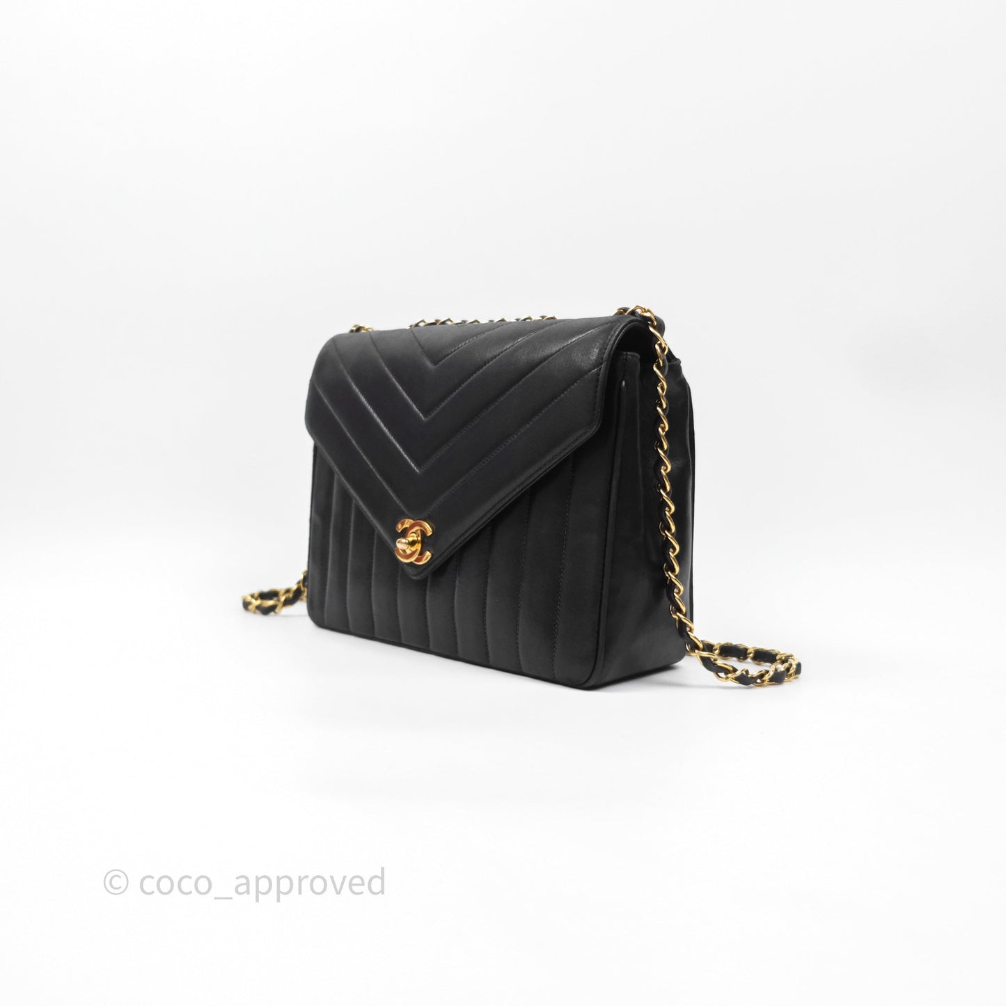 Chanel Vintage Chevron Envelope Flap Bag Black Lambskin 24K Gold Hardware