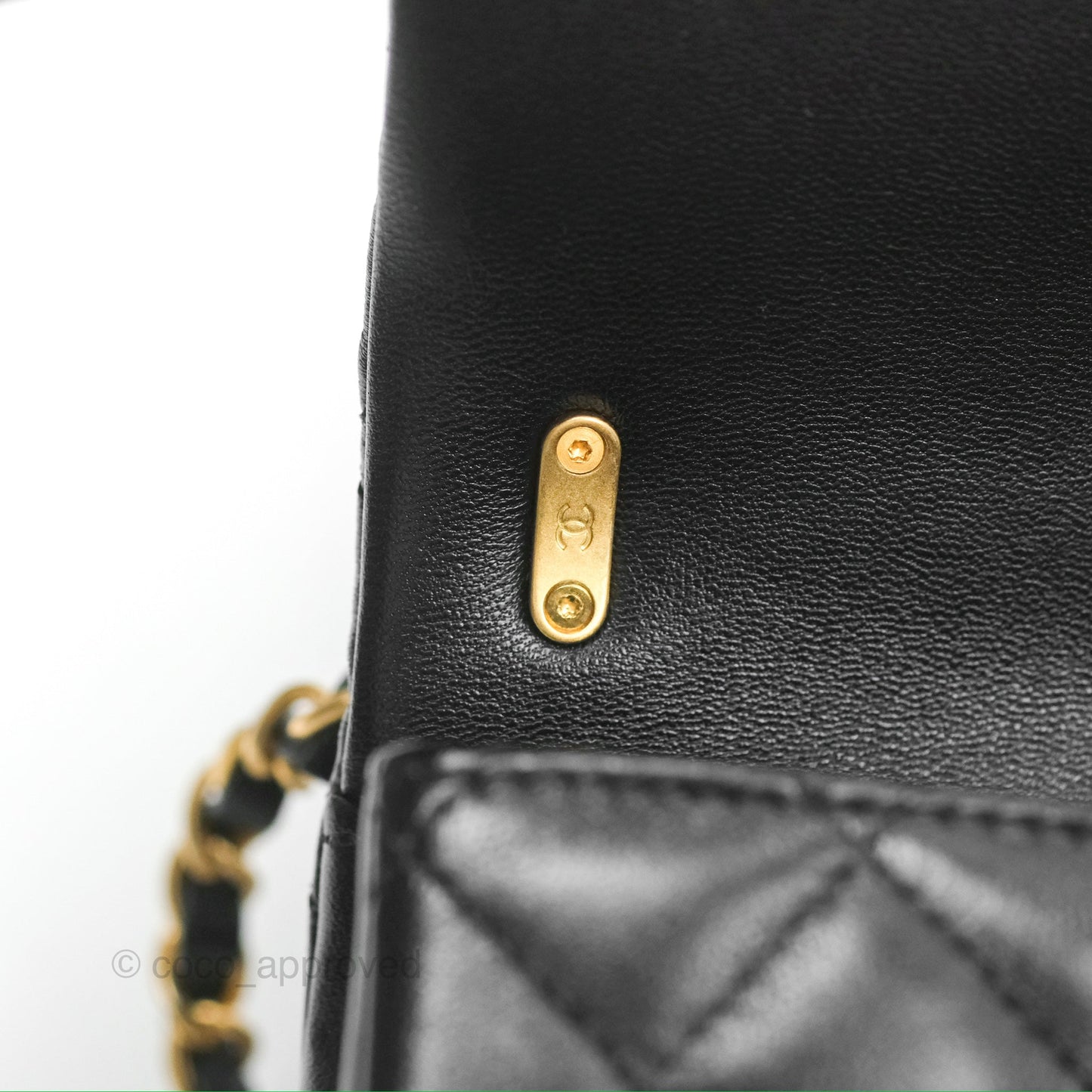 Chanel Mini Flap Bag with Pearl Chain Black Shiny Lambskin Aged Gold Hardware 24P