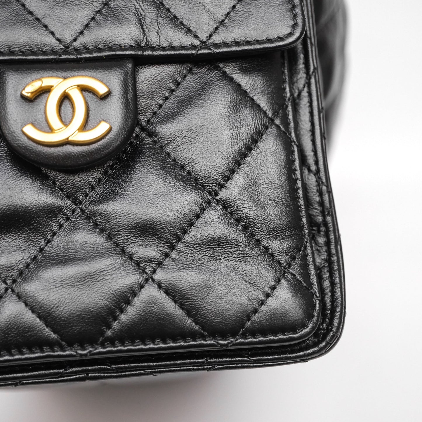 Chanel 25 Medium Black Crumpled Calfskin Aged Gold Hardware