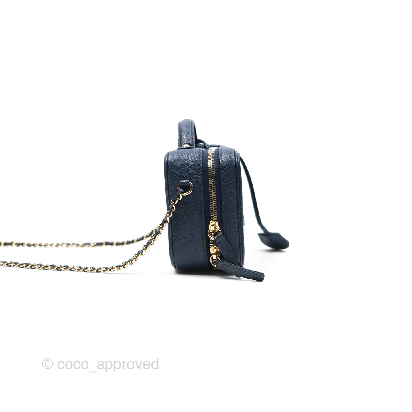 Chanel Quilted Small CC Filigree Vanity Case Navy Caviar Gold Hardware