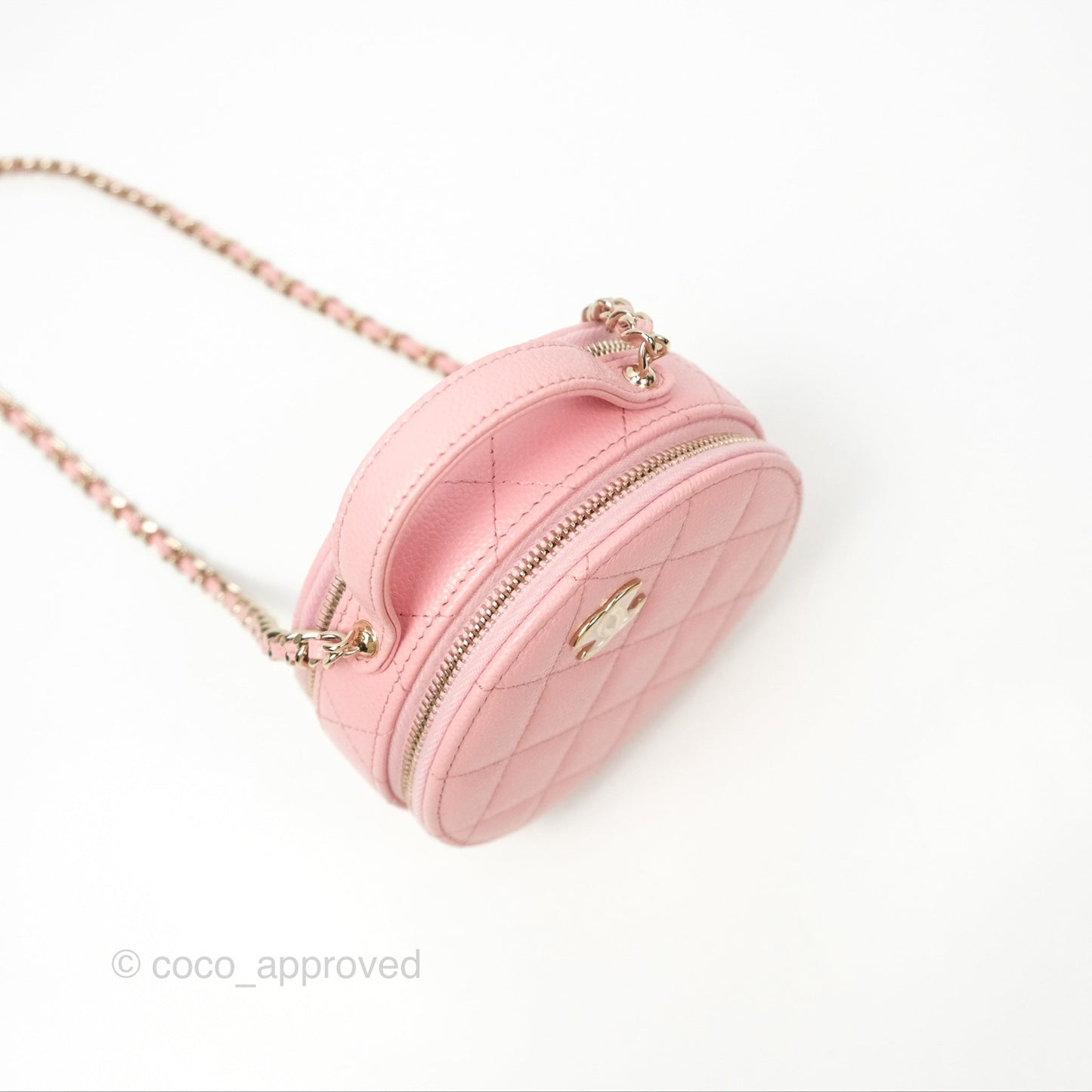 Chanel Mini Round Vanity Bag Handle With Care Pink Caviar 22C