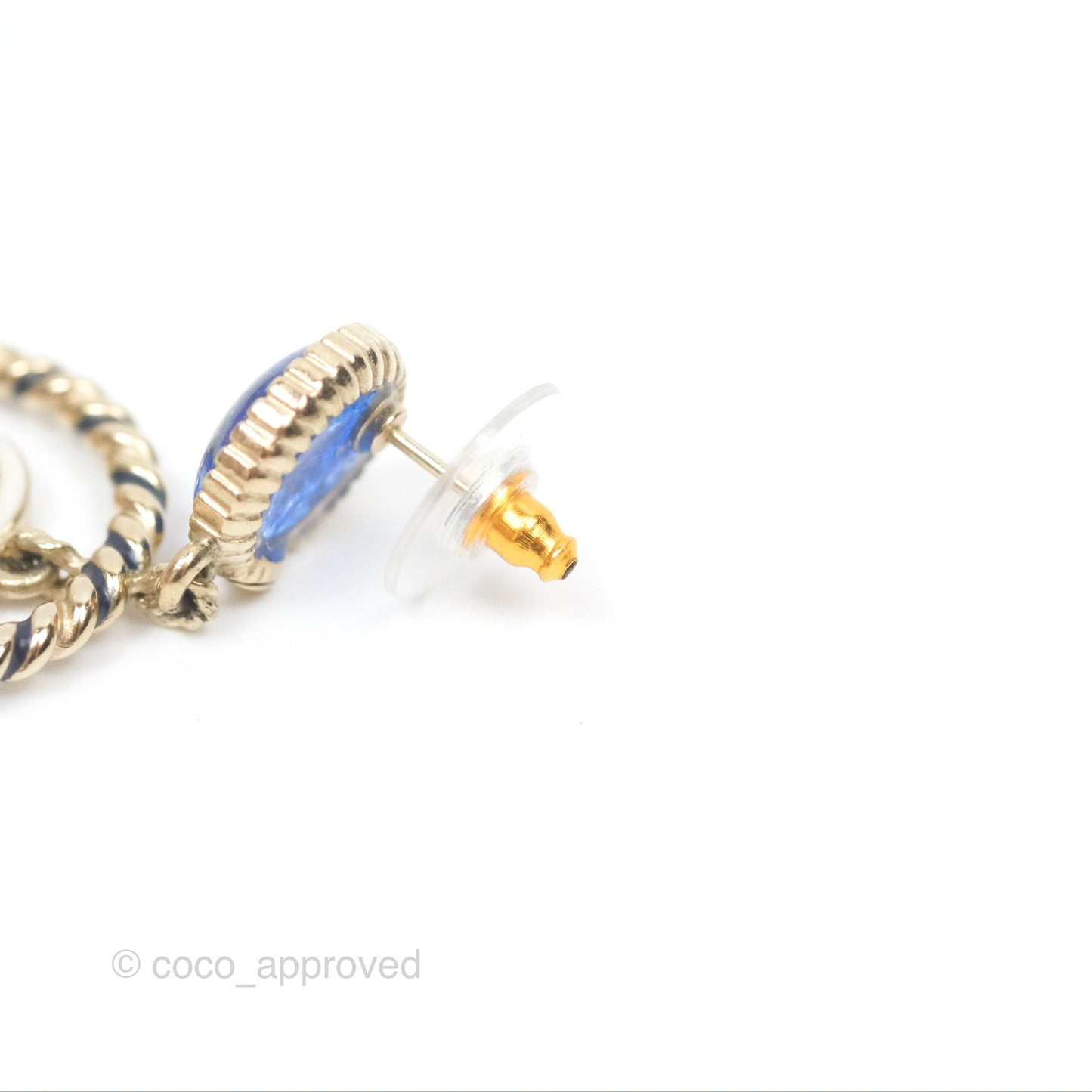 Chanel Round Blue Star Twist Circle White CC Drop Earrings Gold Tone 19C