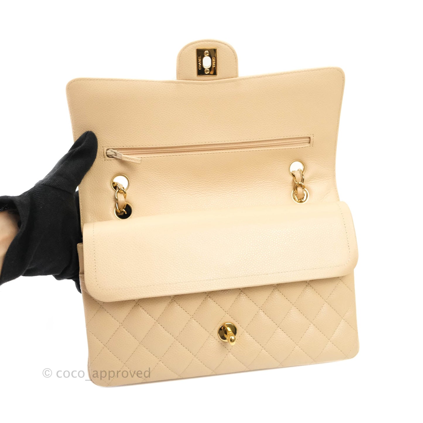 Chanel Classic M/L Medium Double Flap Beige Caviar Gold Hardware