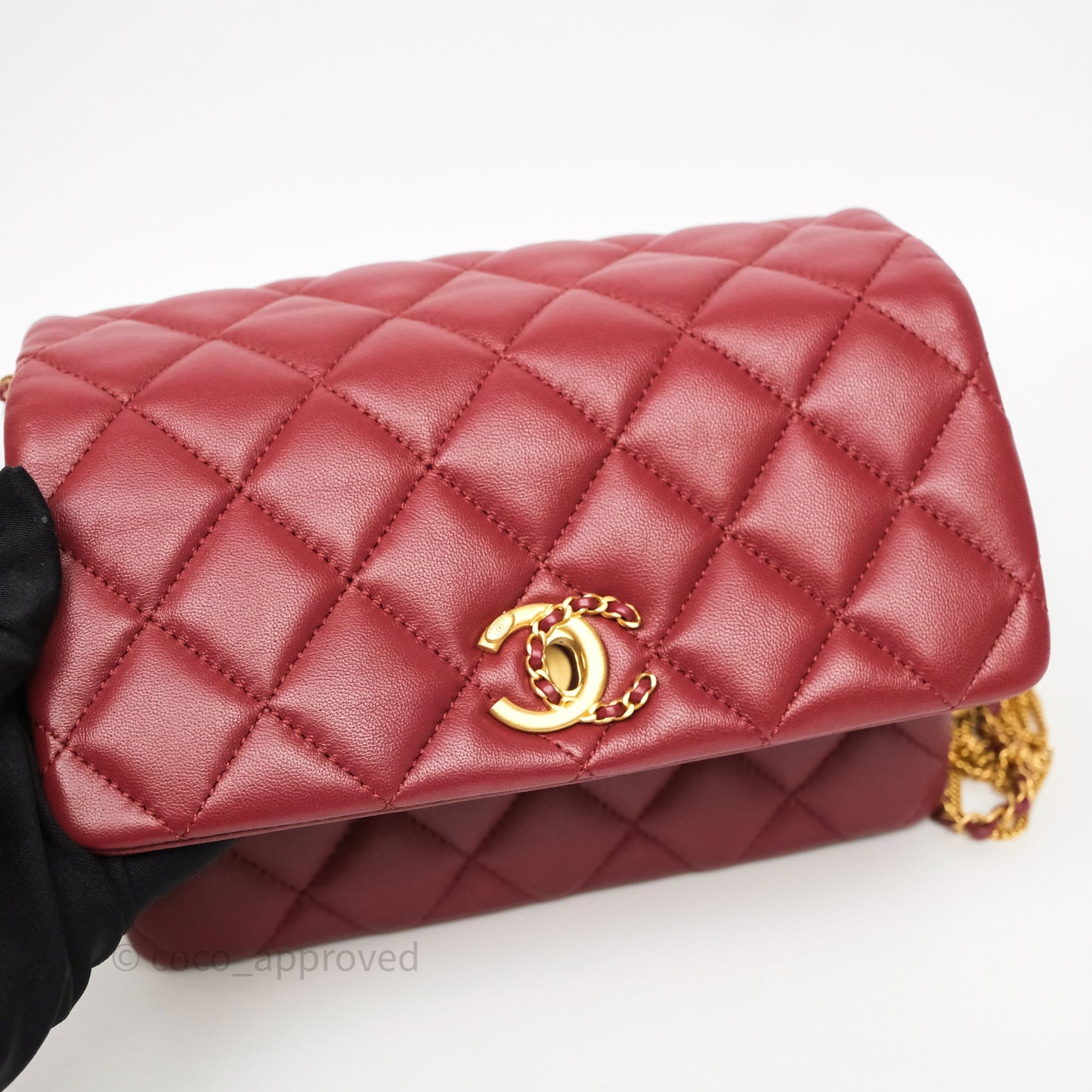 Chanel Quilted Accordion Flap Bag with Button on Chain Burgundy Lambskin Aged Gold Hardware 22A