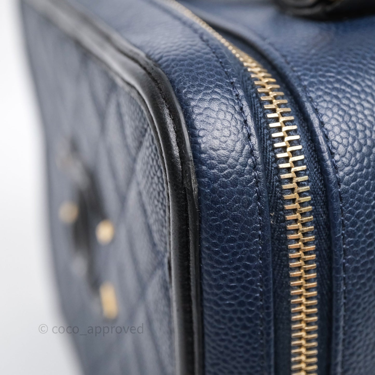 Chanel Quilted Large CC Filigree Vanity Case Navy Black Caviar Aged Gold Hardware