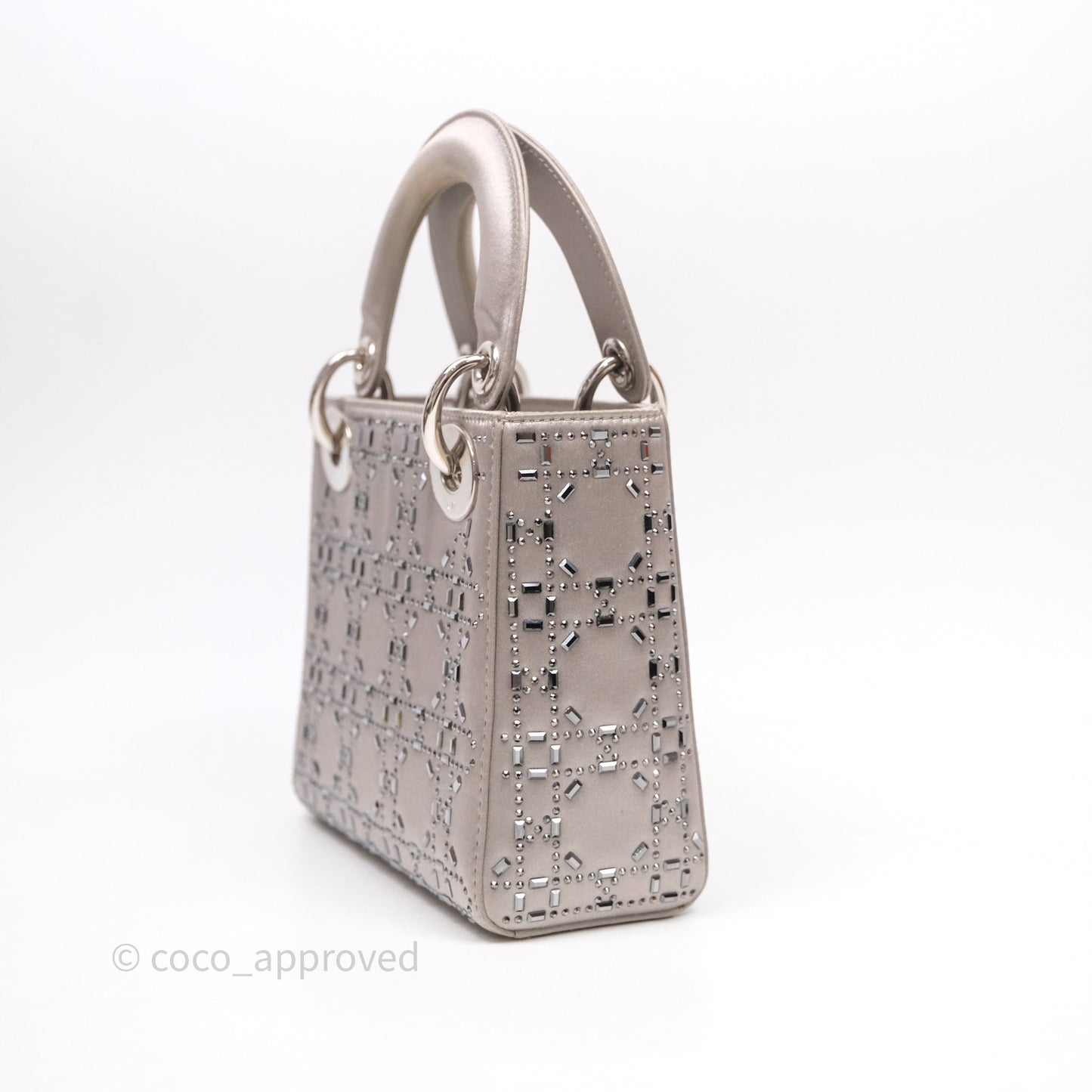 Christian Dior Mini Lady Dior Bag Grey Strass Cannage Satin Silver Hardware