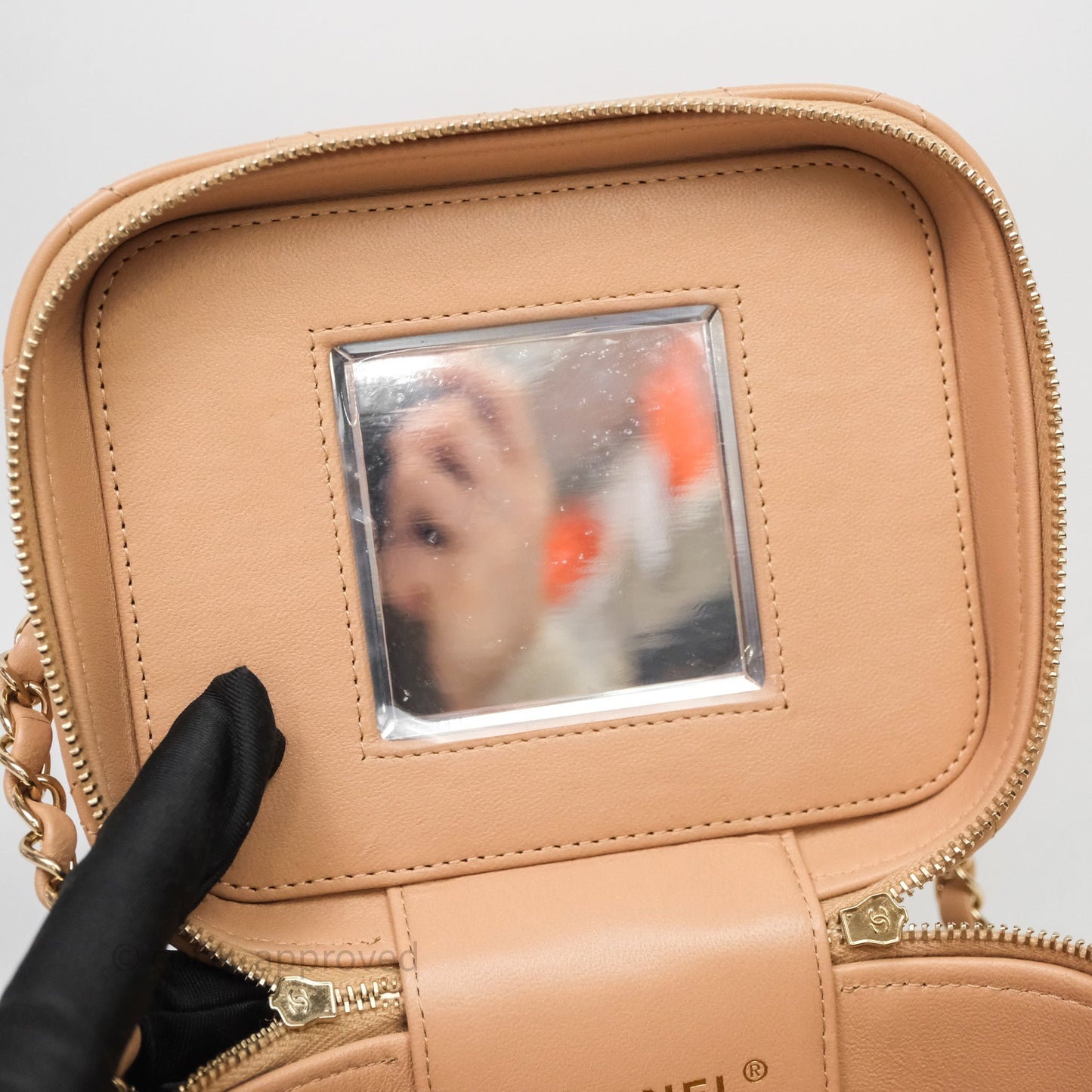 Chanel Top Handle Vanity With Chain Beige Lambskin Aged Gold Hardware