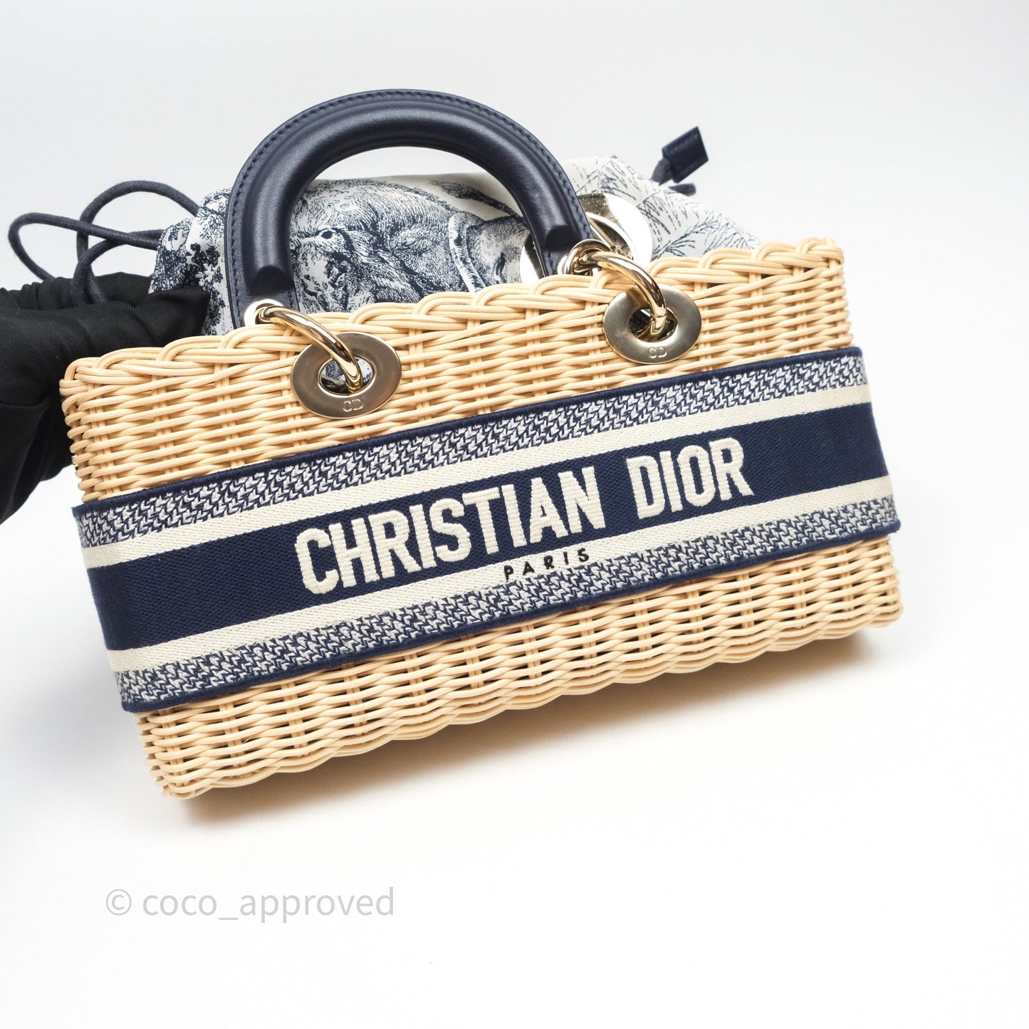 Christian Dior Dioriviera Medium Lady D-Joy Bag Natural Rattan and Blue Dior Oblique Jacquard
