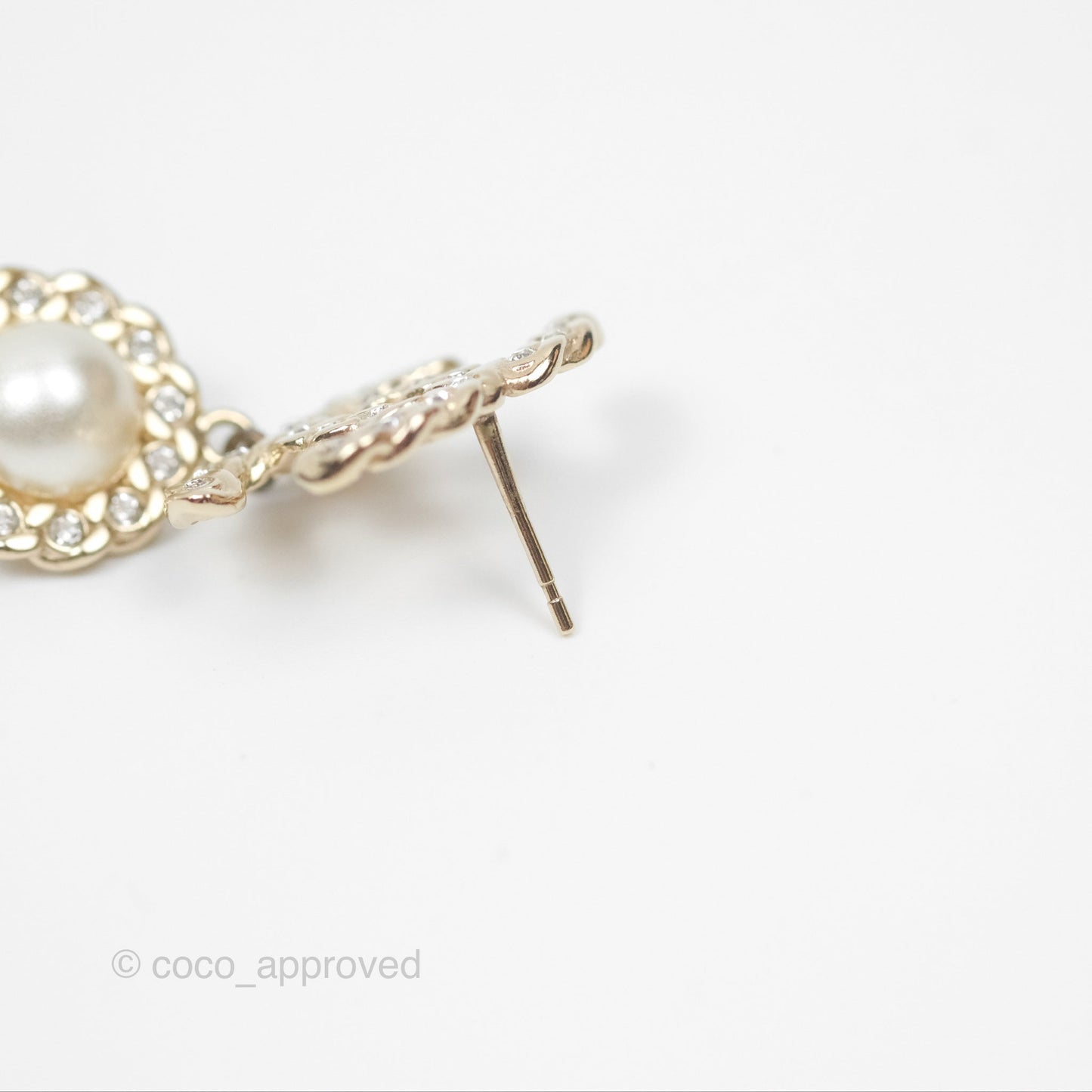 Chanel Crystal CC Pearl Drop Earrings Gold Tone 19P