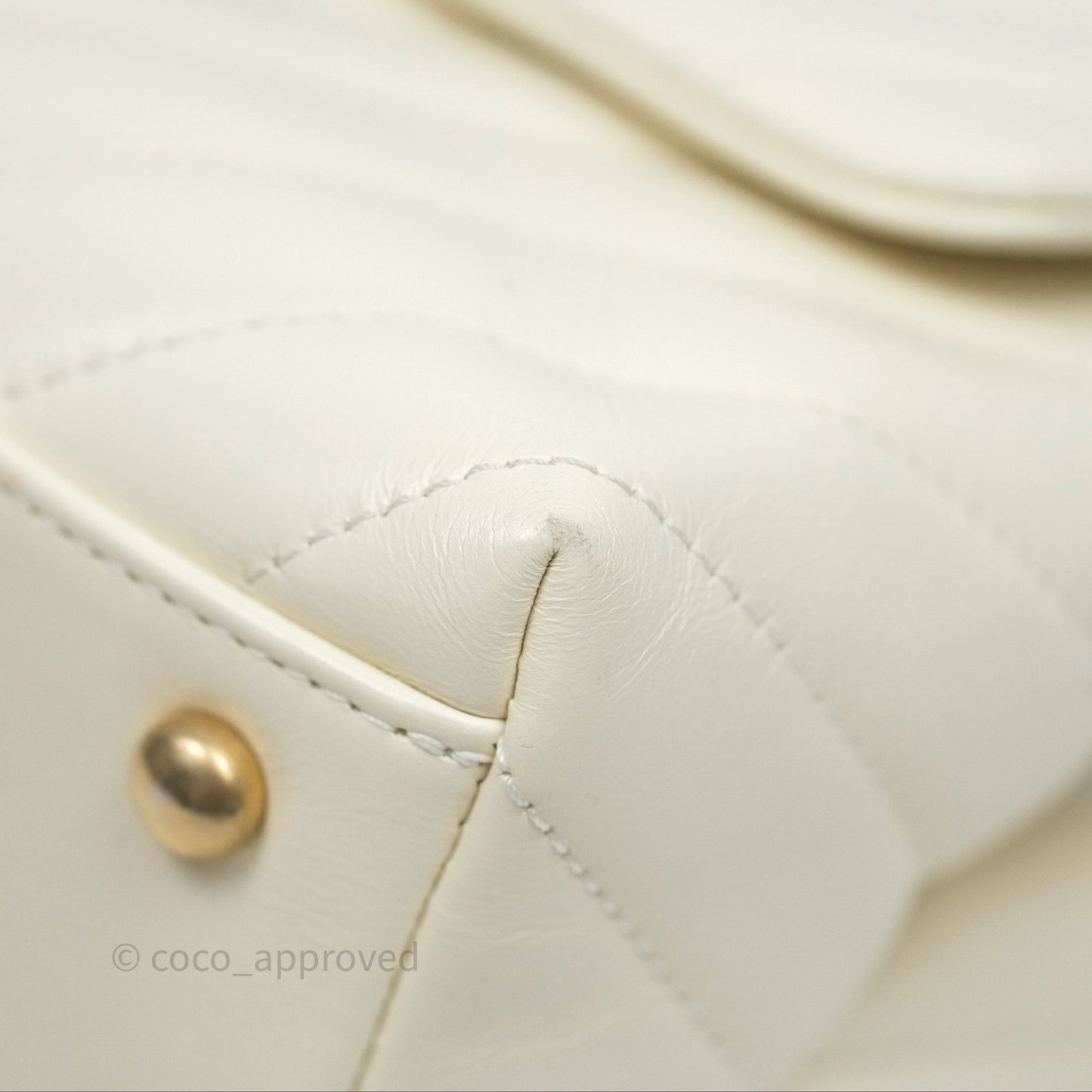 Chanel Medium Coco Handle Chevron Aged Calfskin Ivory Aged Gold Hardware Beige Lizard Handle