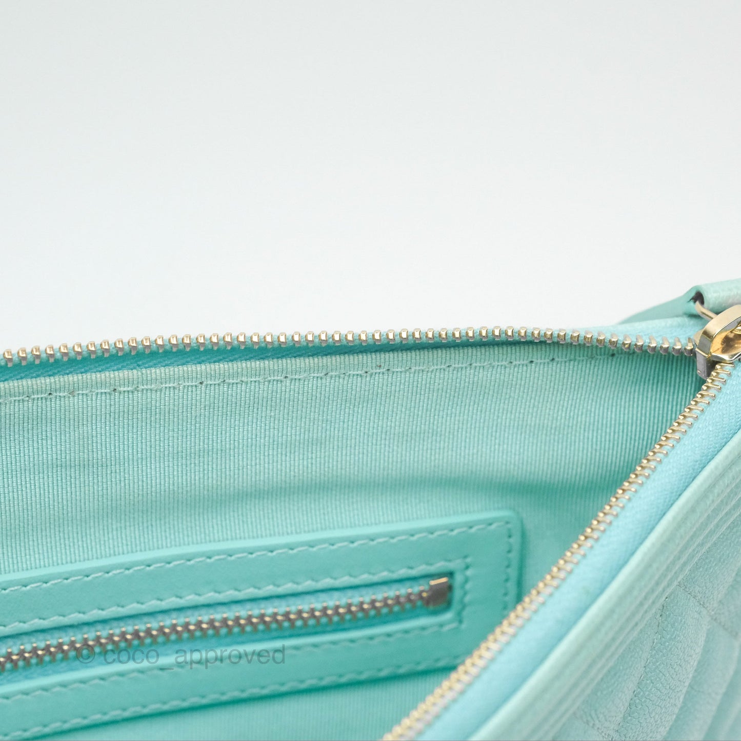 Chanel Medium O Case Boy Tiffany Blue Caviar Gold Hardware