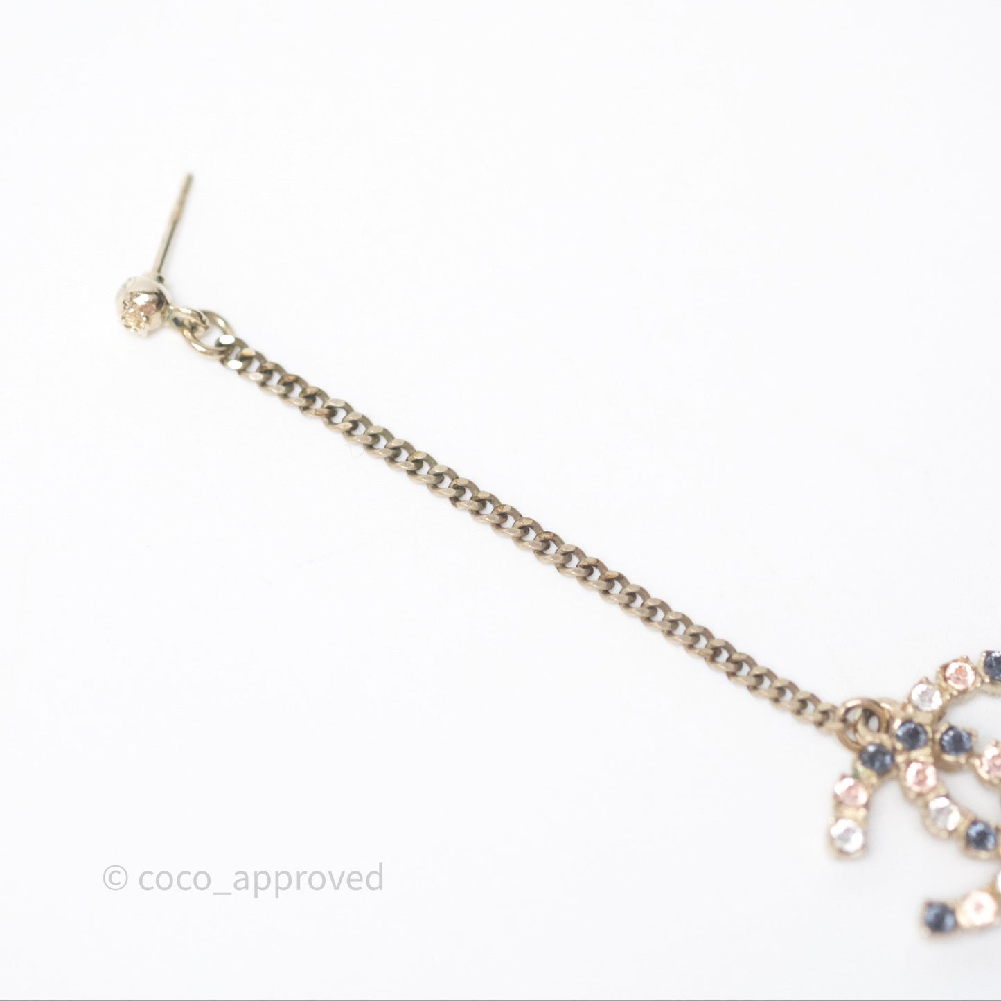 Chanel Crystal CC Long Drop Earrings Gold Tone 19A