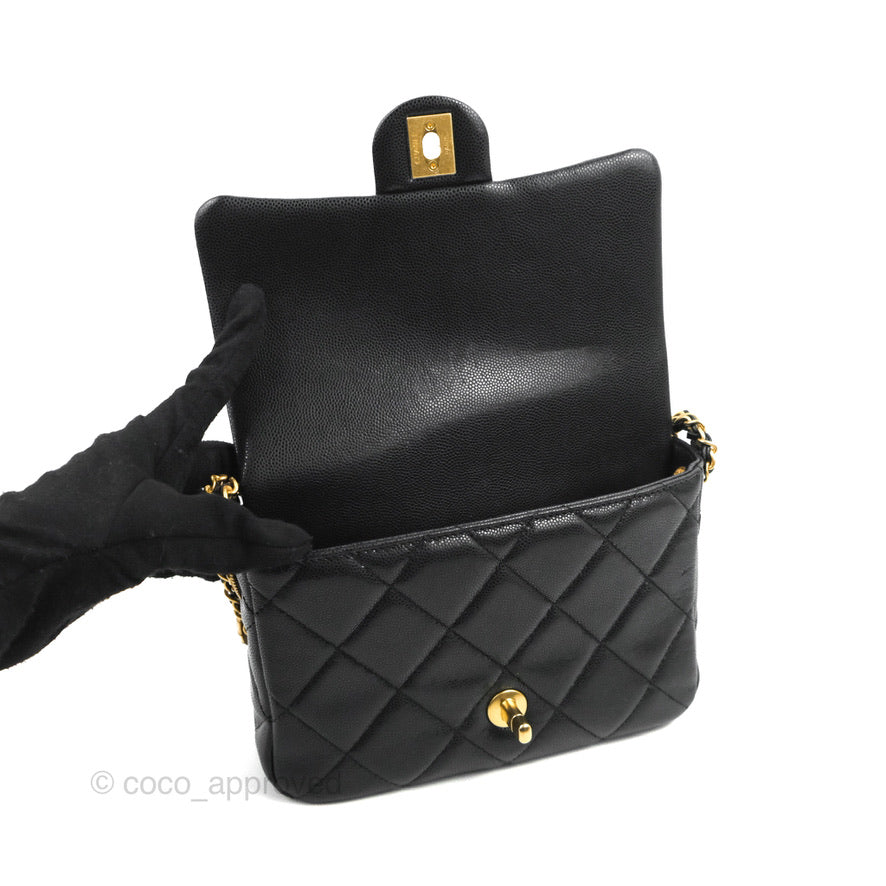 Chanel Small Flap with Coin Charm Black Caviar Aged Gold Hardware 22A