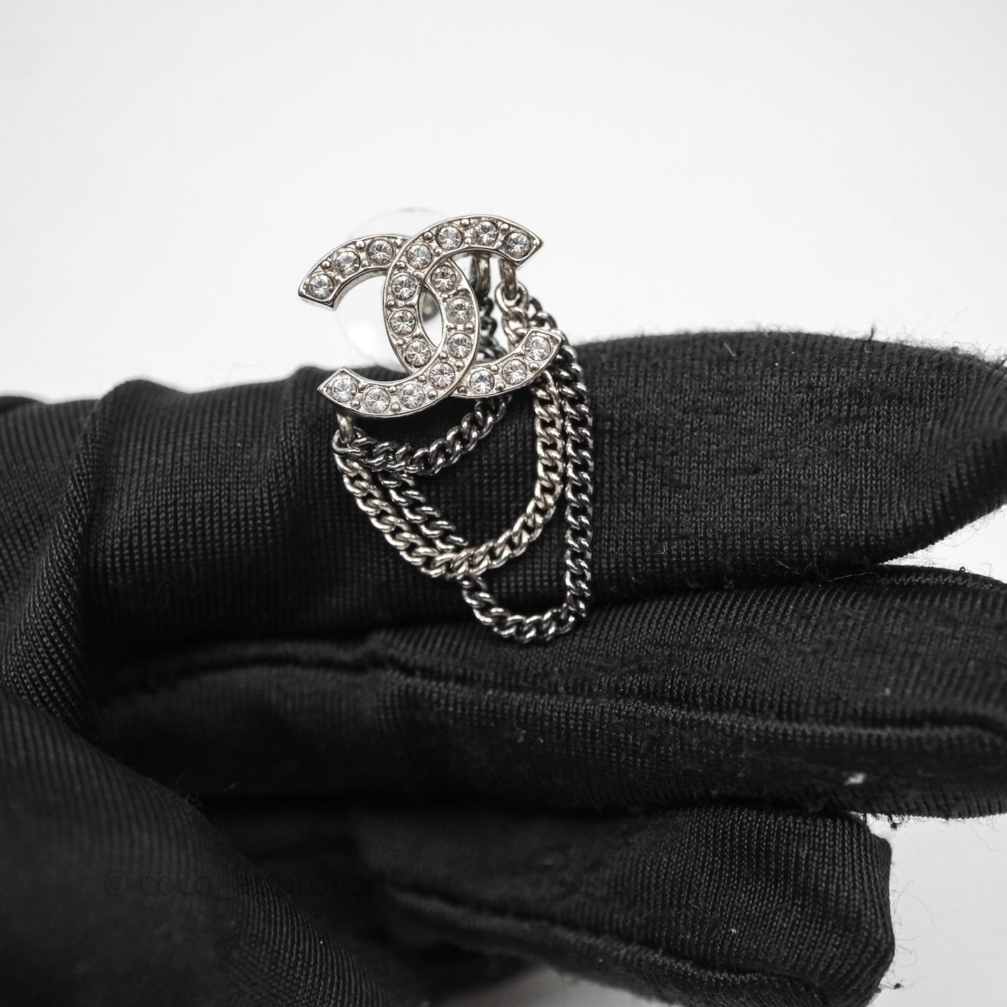 Chanel CC Crystals Chains Drop Earrings Silver Tone 21B