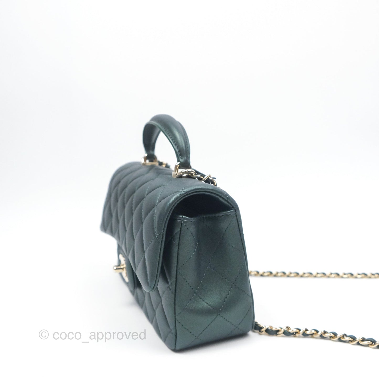 Chanel Top Handle Mini Rectangular Flap Bag Iridescent Dark Green Lambskin Gold Hardware