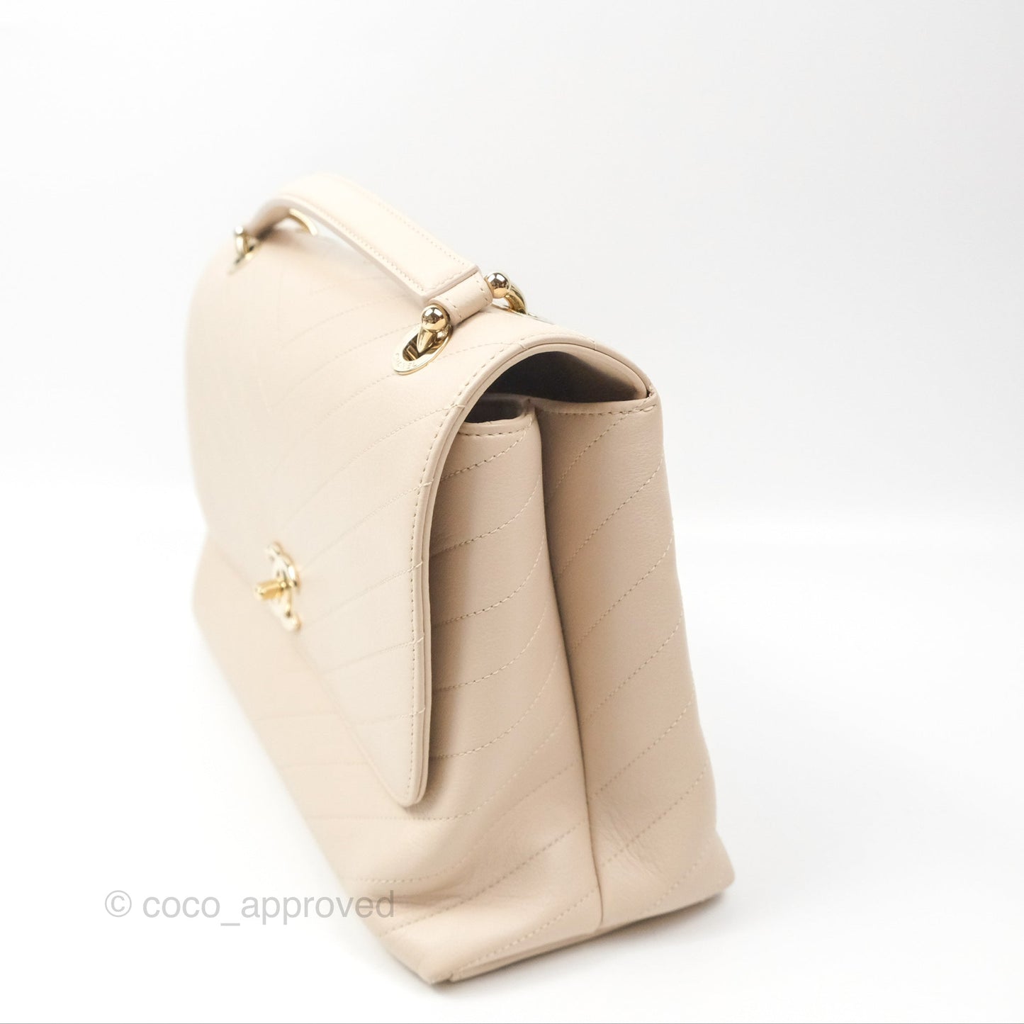 Chanel Large Chevron Chic Top Handle Bag Light Beige Grained Calfskin Gold Hardware