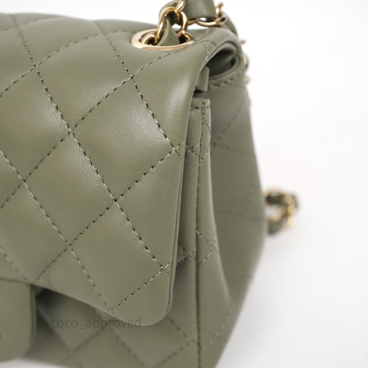 Chanel Quilted Mini Square Olive Green Lambskin Gold Hardware