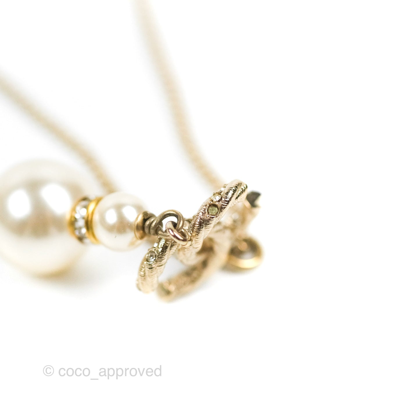 Chanel Crystal Pearl CC Drop Necklace Gold 18B