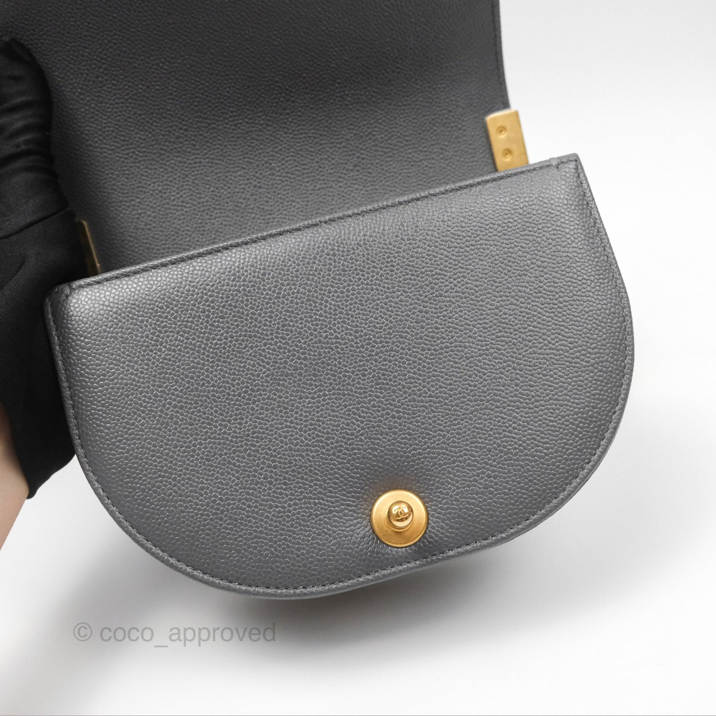Chanel Boy Messenger Bag Grey Caviar Aged Gold Hardware