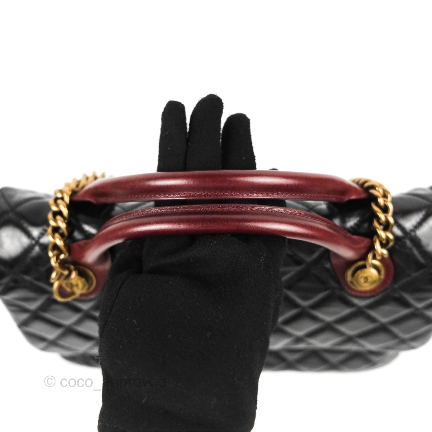 Chanel Large Castle Rock Flap Bag Black Glazed Aged Calfskin Burgundy Handle