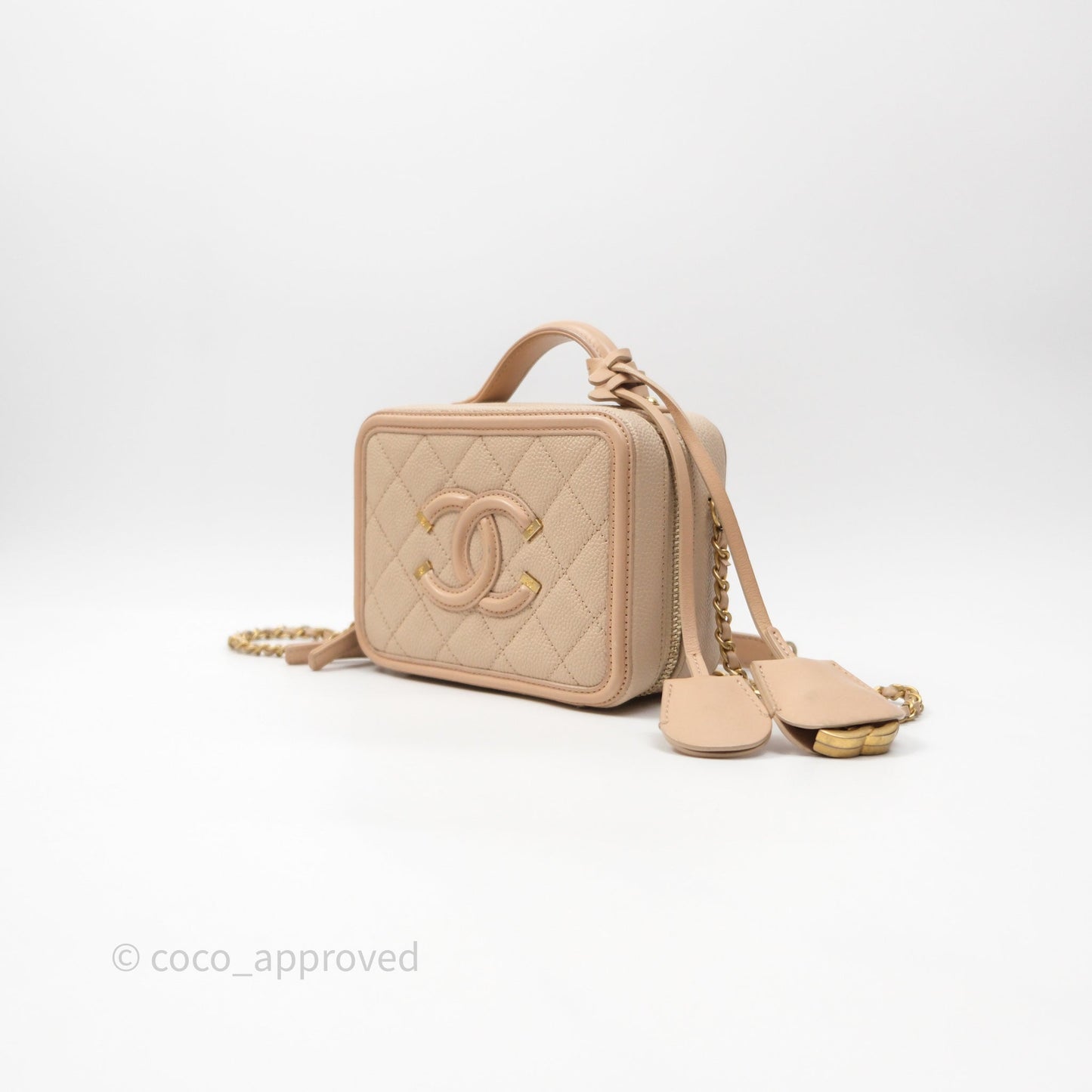 Chanel Quilted Small CC Filigree Vanity Case Beige Caviar Gold Hardware