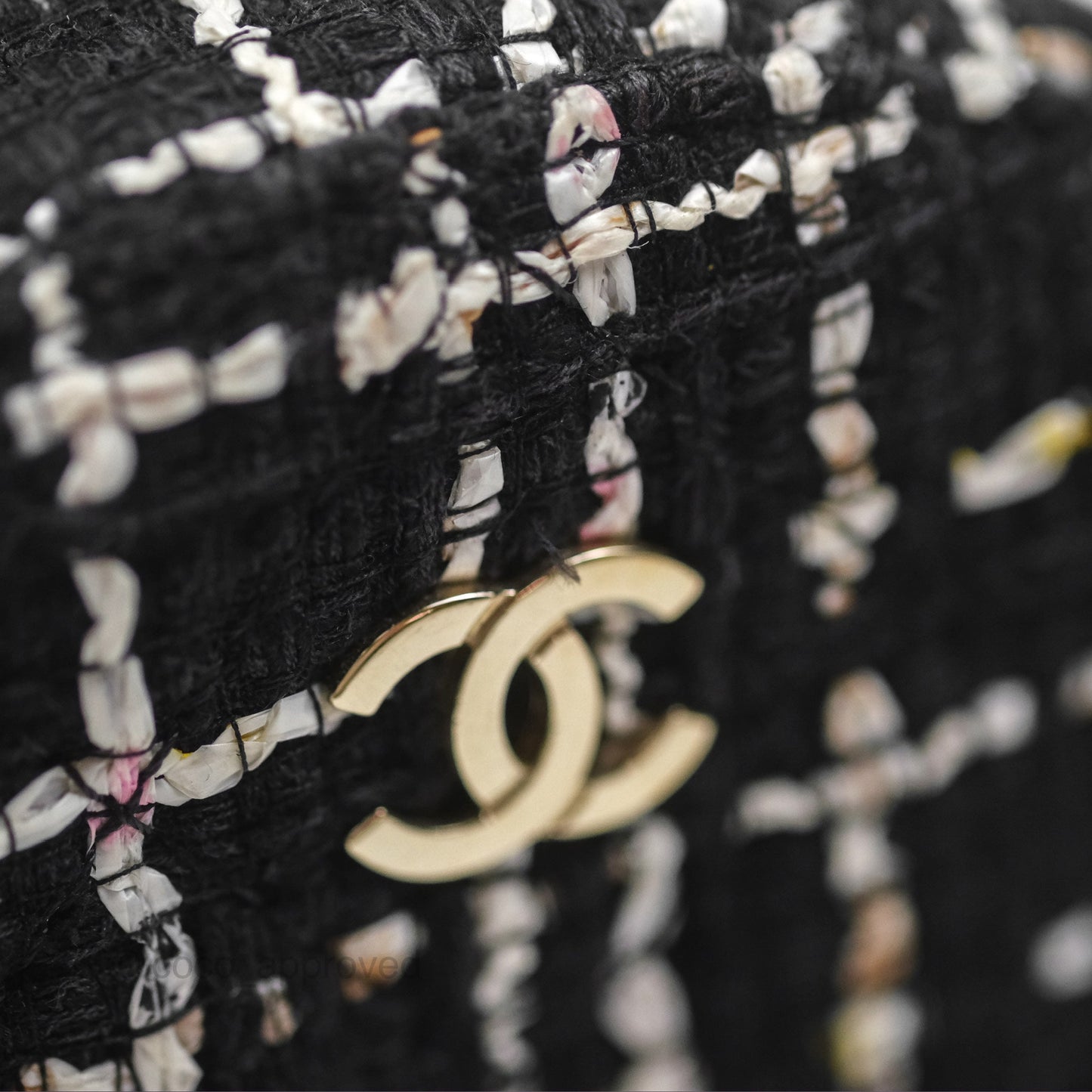 Chanel Classic Quilted Round Clutch With Chain Black Tweed Gold Hardware
