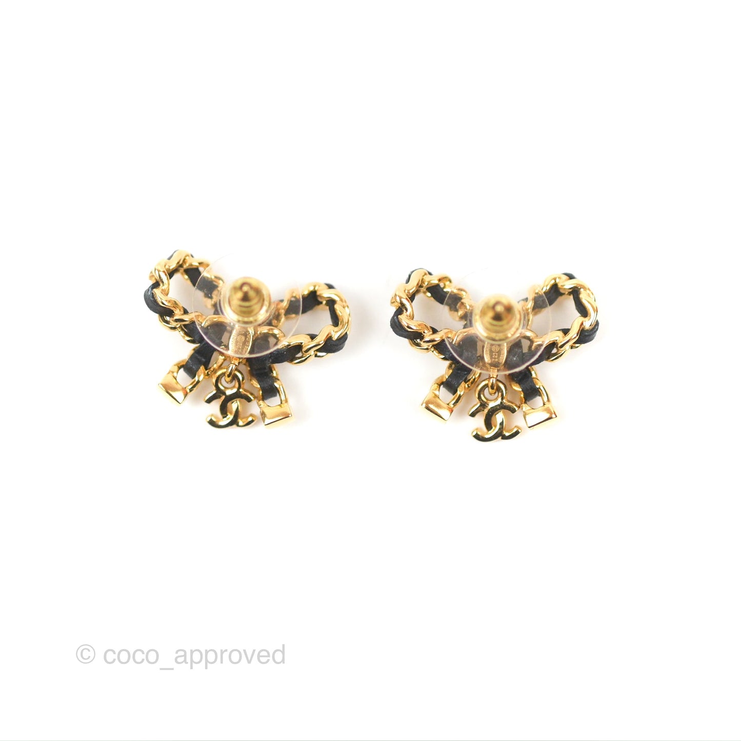 Chanel Woven Ribbon Bow Black Earrings Gold Tone 23V