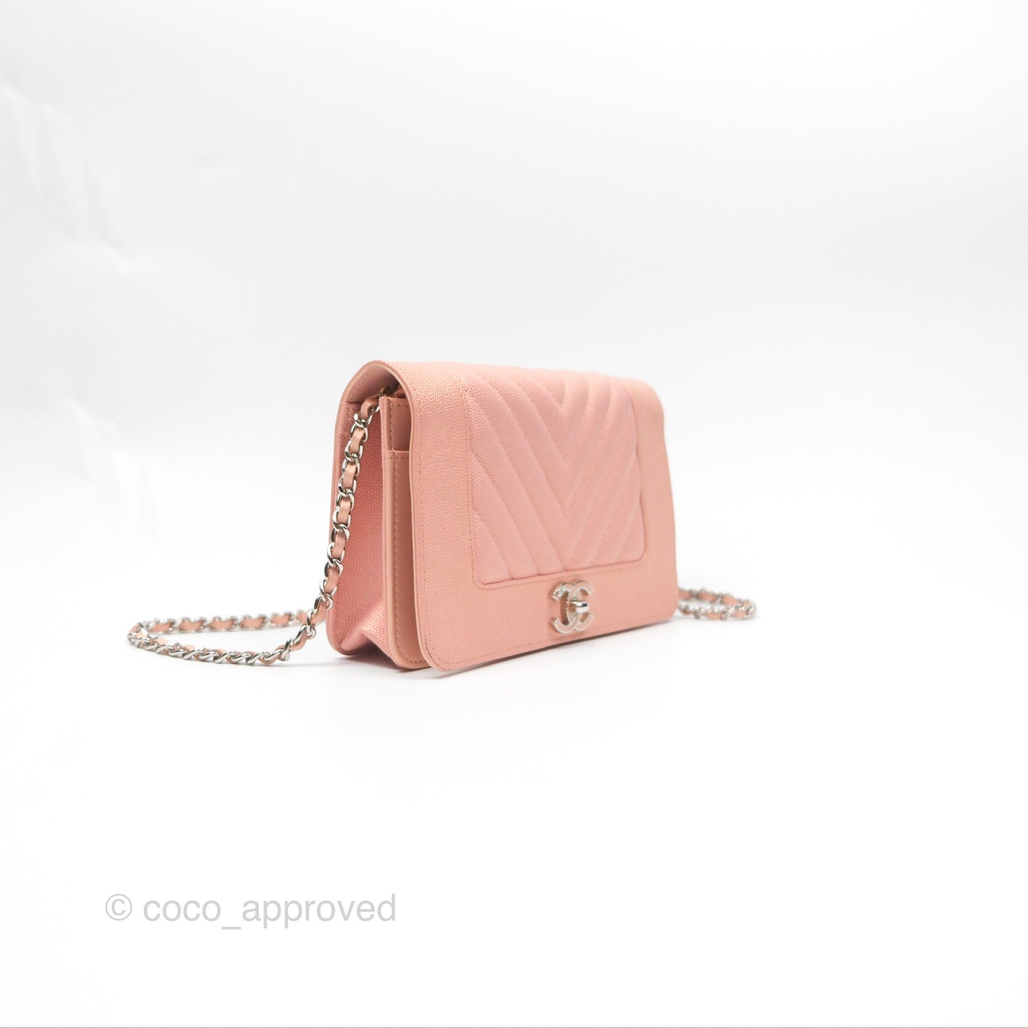 Chanel Mademoiselle Wallet On Chain WOC Chevron Iridescent Pink Caviar Silver Hardware