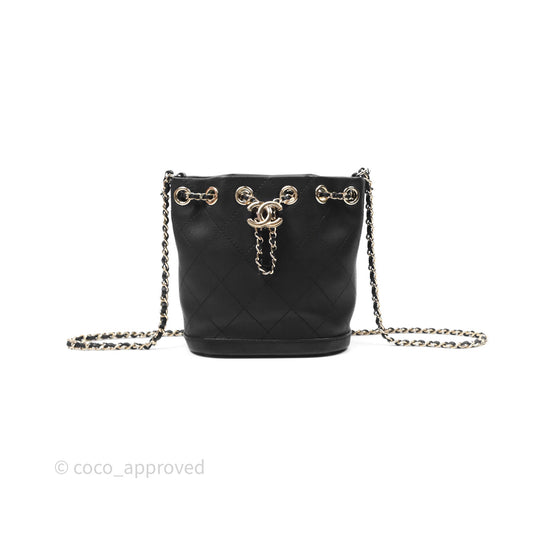 Chanel Quilted Drawstring Bucket Bag Black Calfskin Gold Hardware