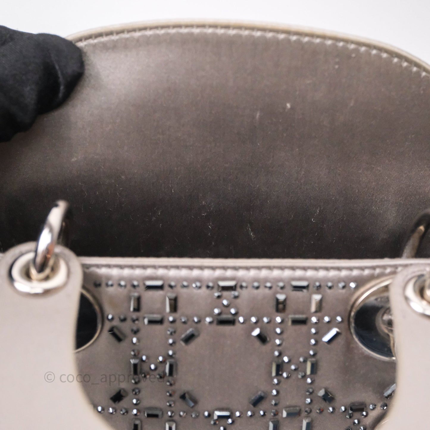 Christian Dior Mini Lady Dior Bag Grey Strass Cannage Satin Silver Hardware