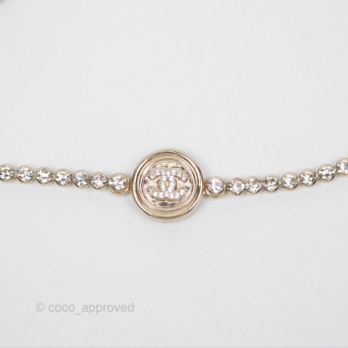 Chanel CC Crystal Chain Choker Necklace Gold Tone 21S