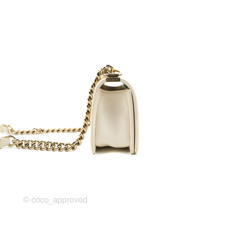 Chanel Small Boy White Caviar Gold Hardware