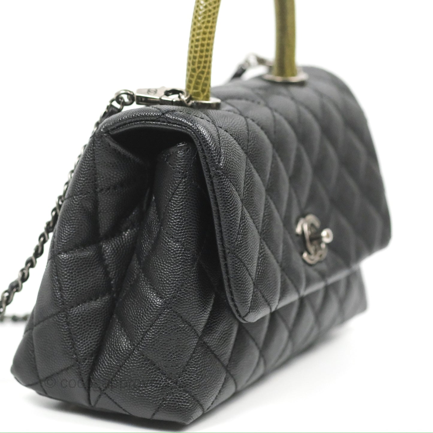 Chanel Small Coco Handle Quilted Black Caviar Ruthenium Hardware Olive Lizard Handle