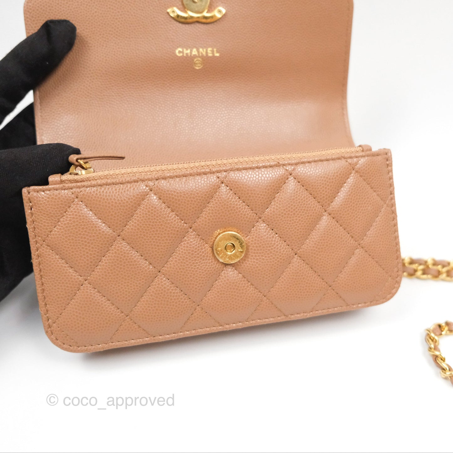 Chanel Coco First Phone Holder Dark Beige Caviar Gold Hardware 22K