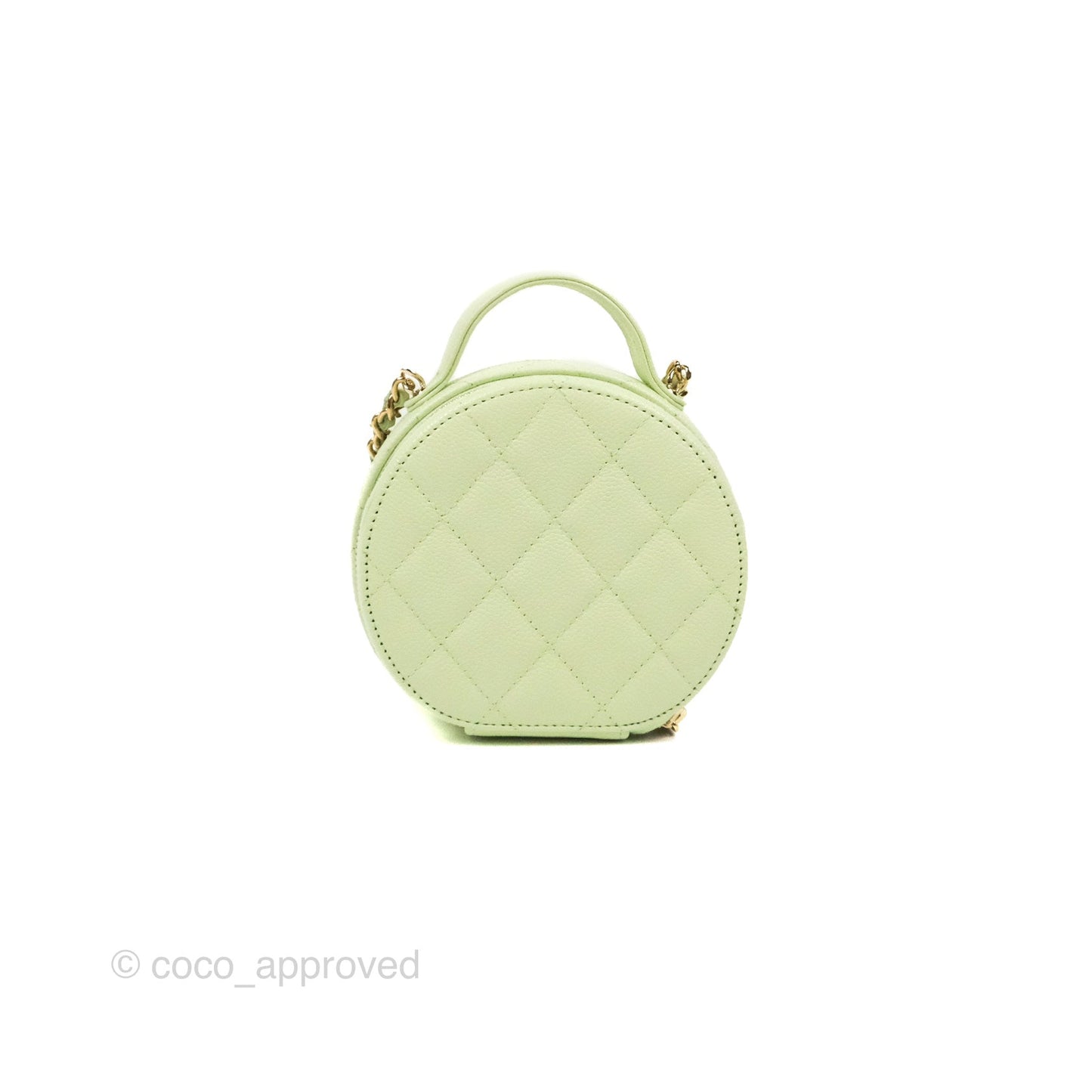 Chanel Mini Round Vanity Bag Handle With Care Light Green Caviar 22C