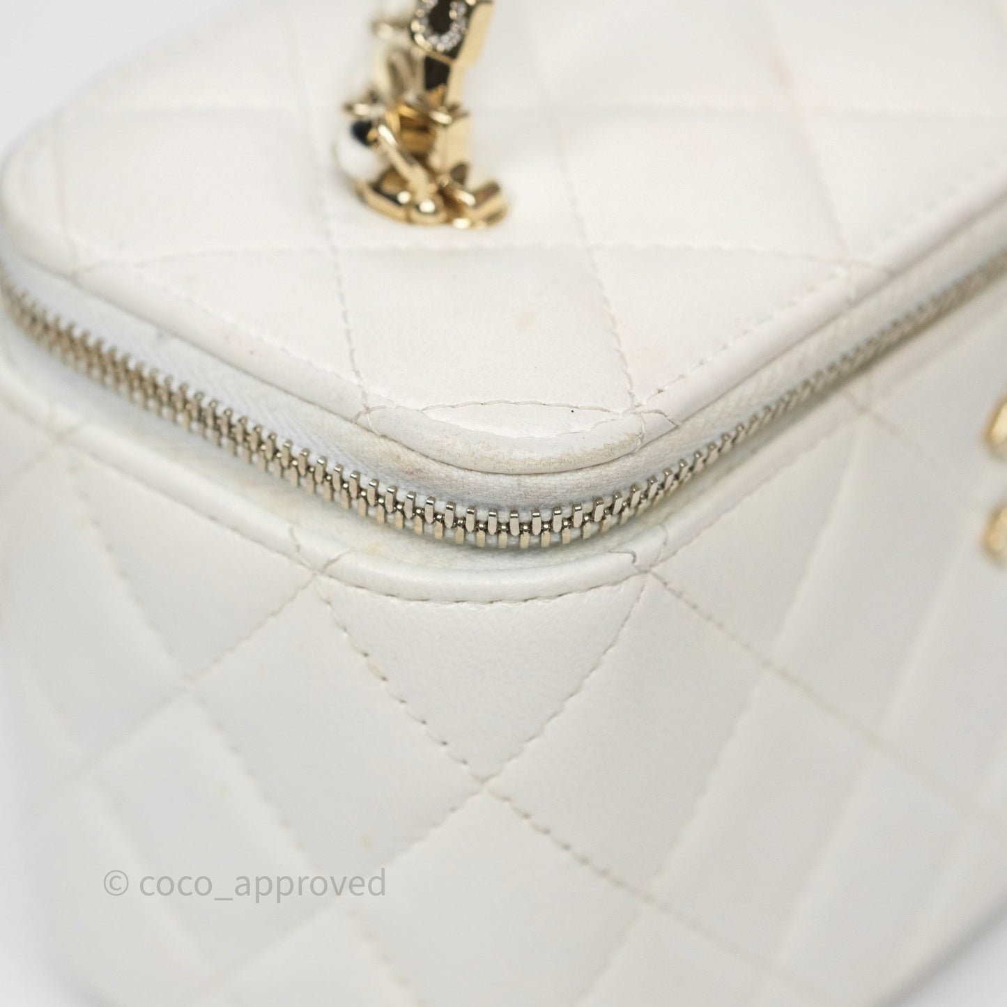 Chanel Logo Crystals Top Handle Vanity Rectangular White Lambskin Gold Hardware