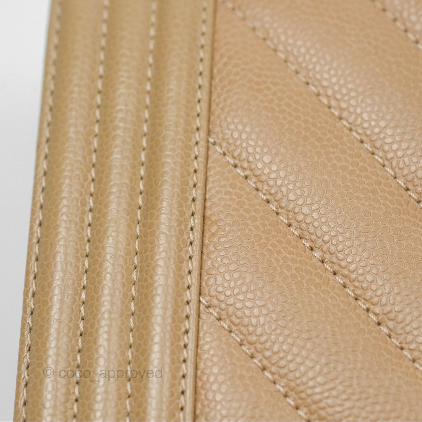 Chanel Medium Boy Chevron Beige Caviar Aged Gold Hardware