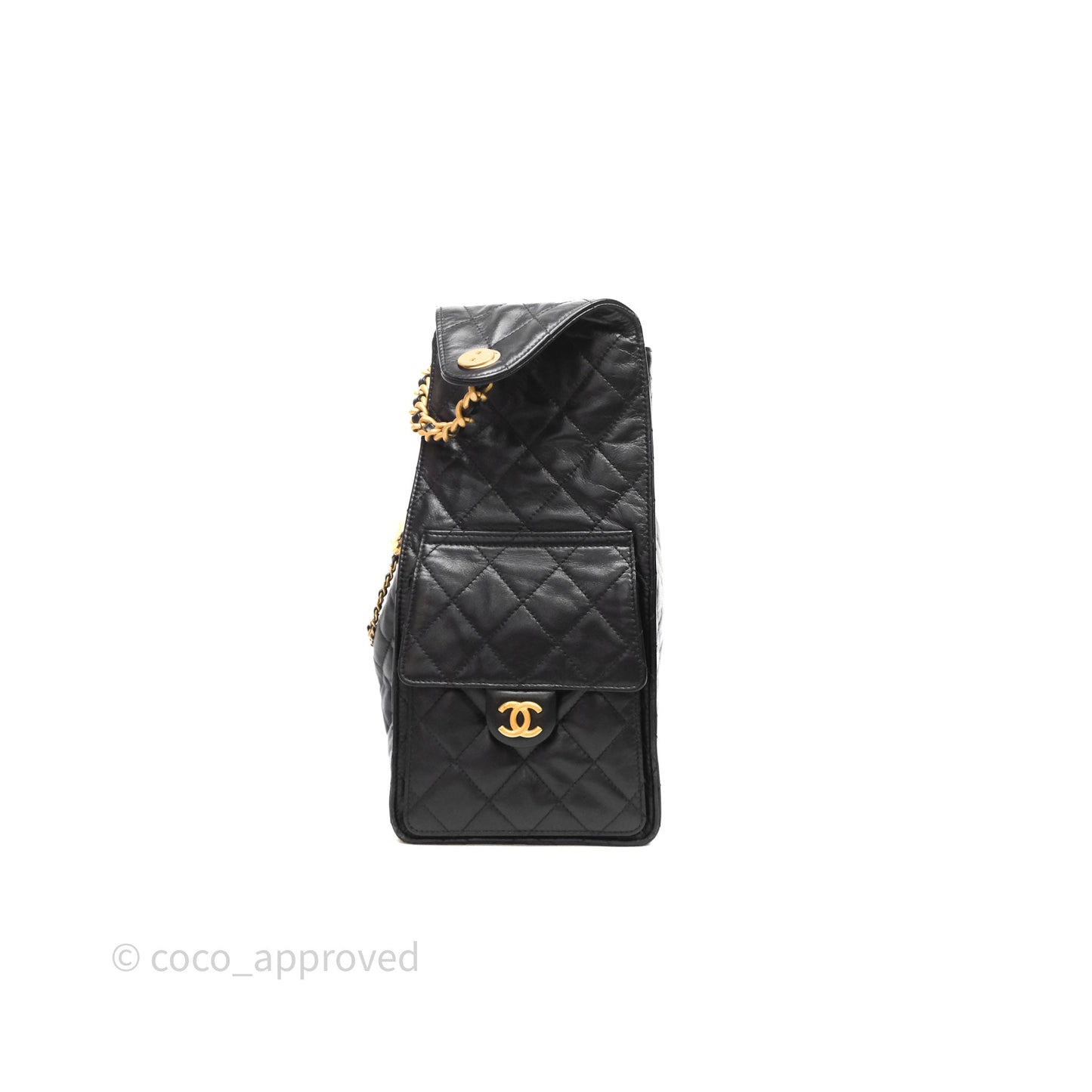 Chanel 25 Medium Black Crumpled Calfskin Aged Gold Hardware