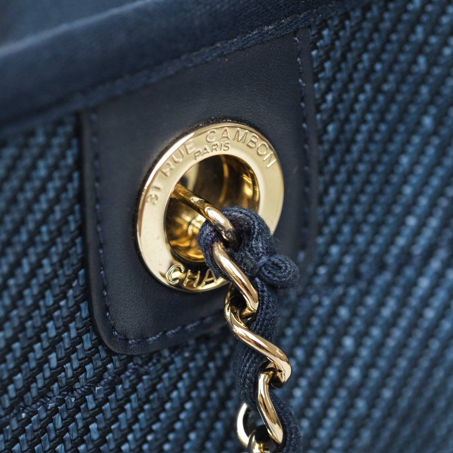 Chanel Medium Deauville Tote Navy Raffia Gold Hardware